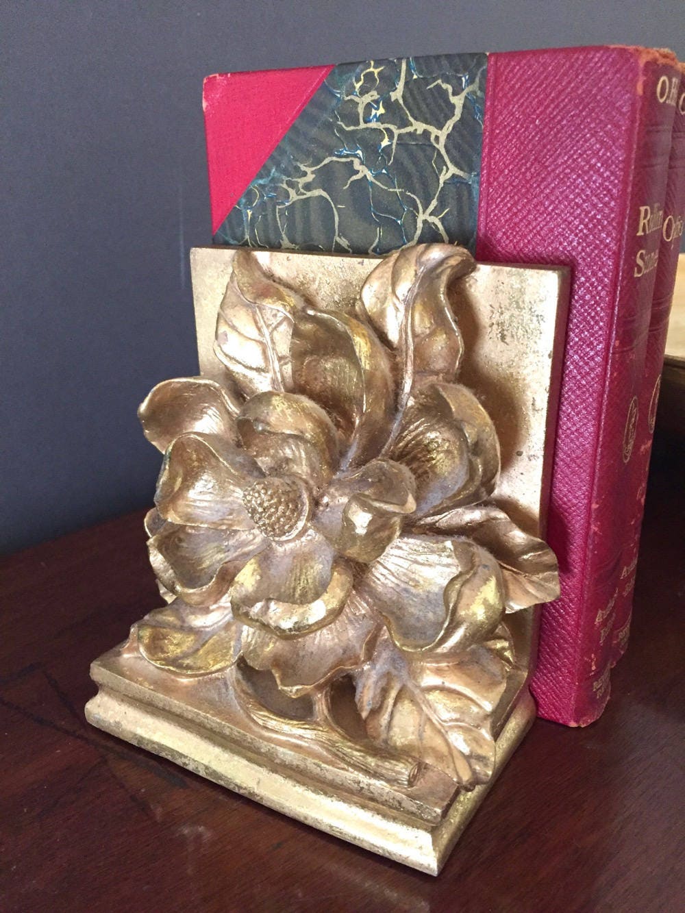 French Style Gold Plaster Bookends, Magnolia or Dogwood Design Bookends