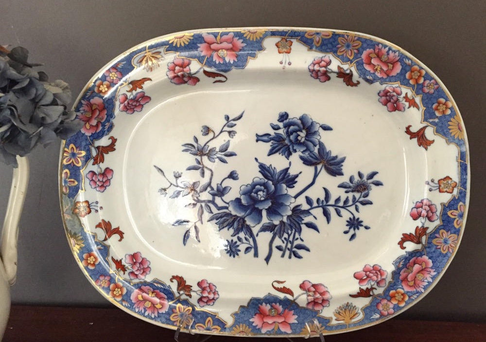 Antique English Spode Platter, Pattern Number 3091, 19 Inch, Blue, Gold