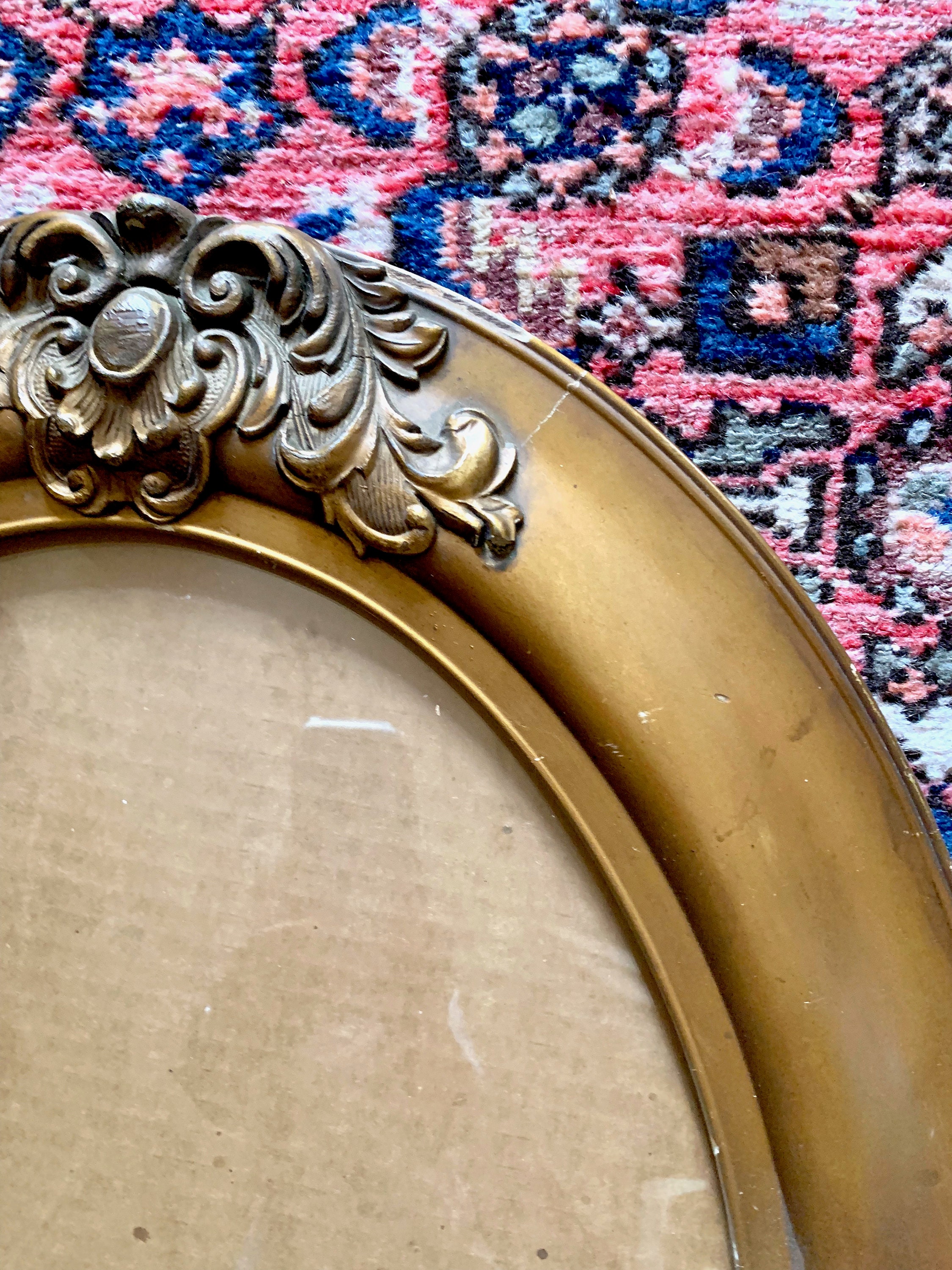 Victorian Oval Frame with Bubble Glass, Antique Gold Toned Wooden Oval