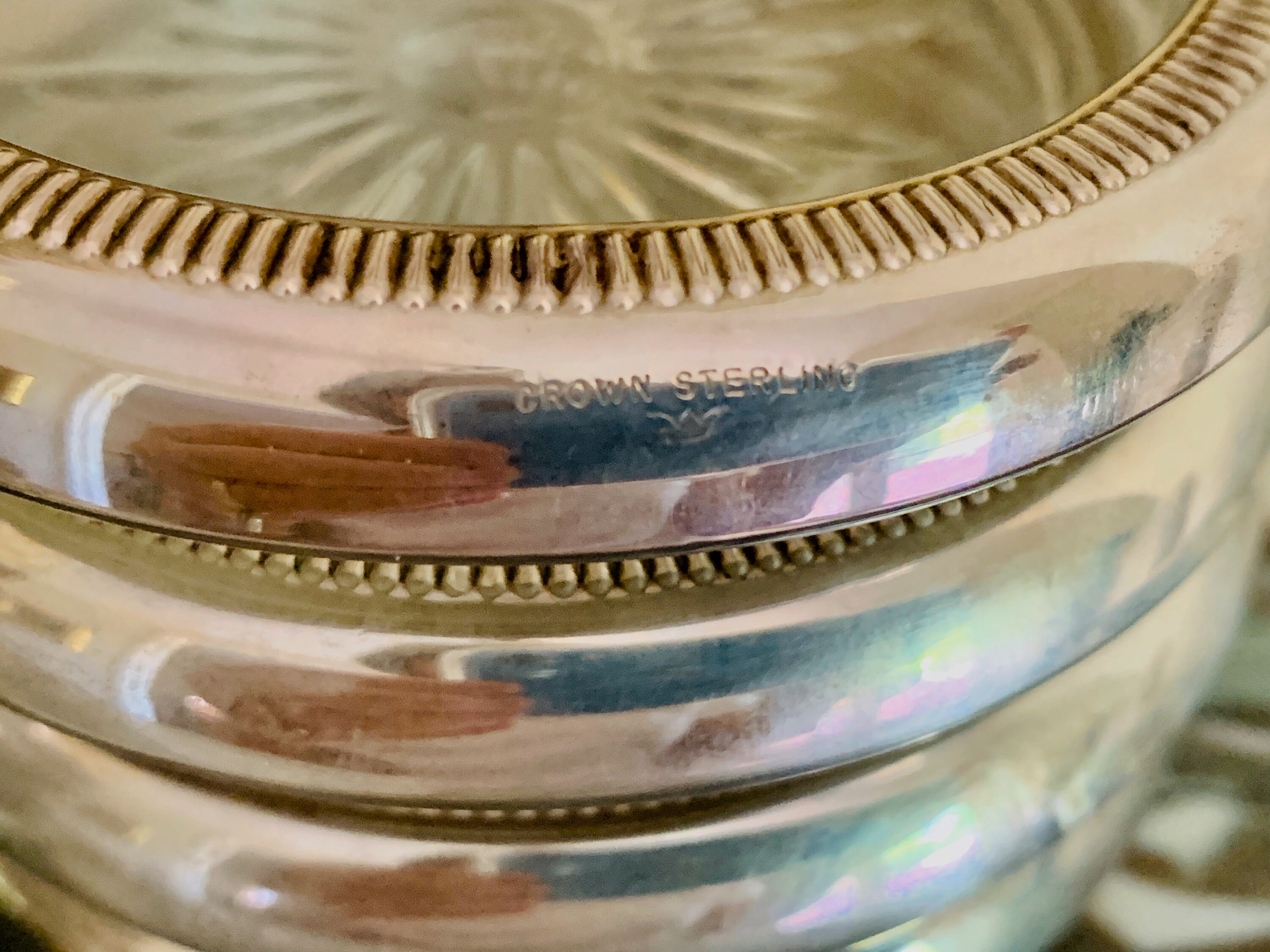 Sterling Silver Glass Coasters, Set of 8 Crown Sterling Coasters, Mid