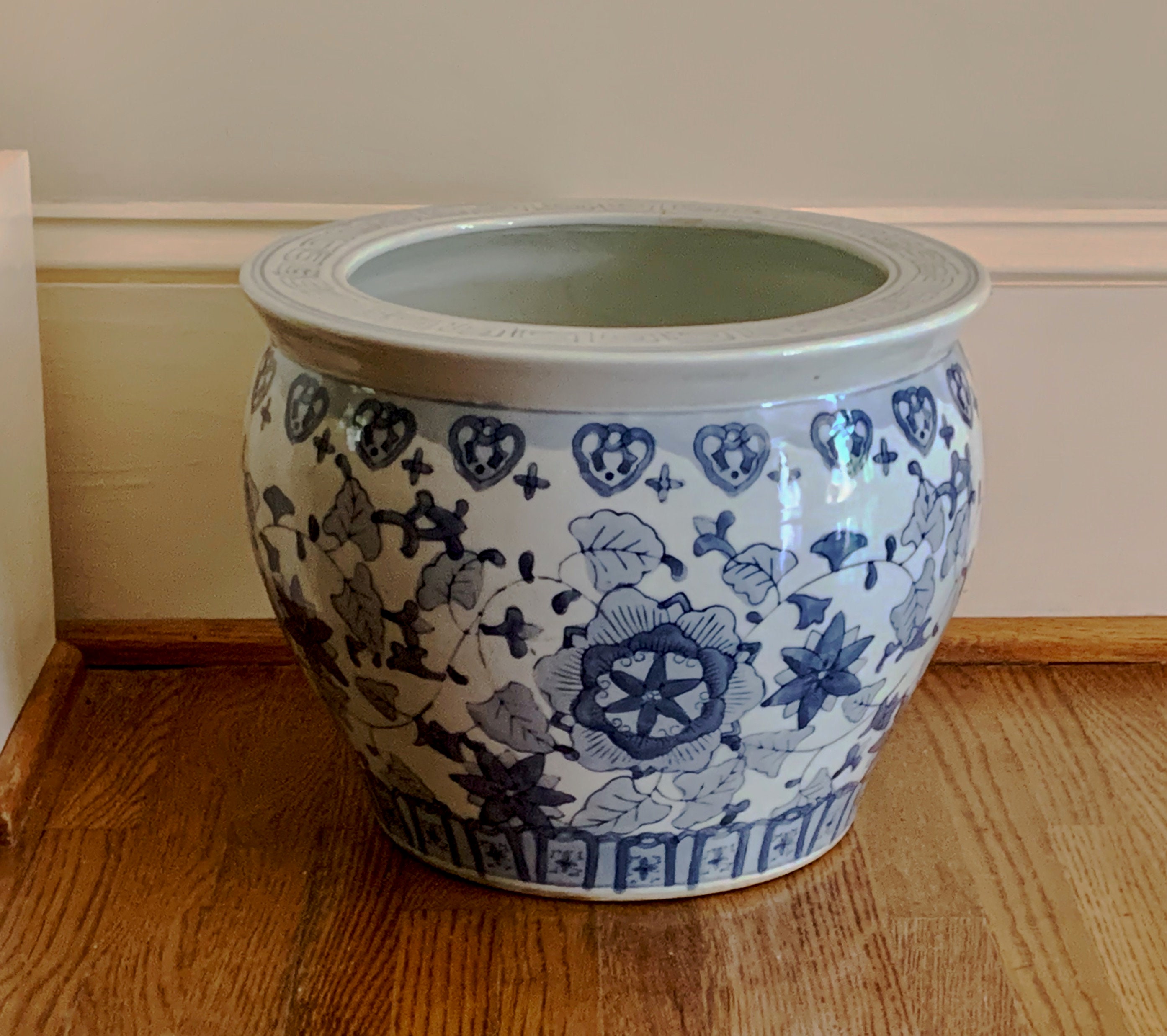Large Chinoiserie Planter, Blue and White Vintage Asian Indoor Planter