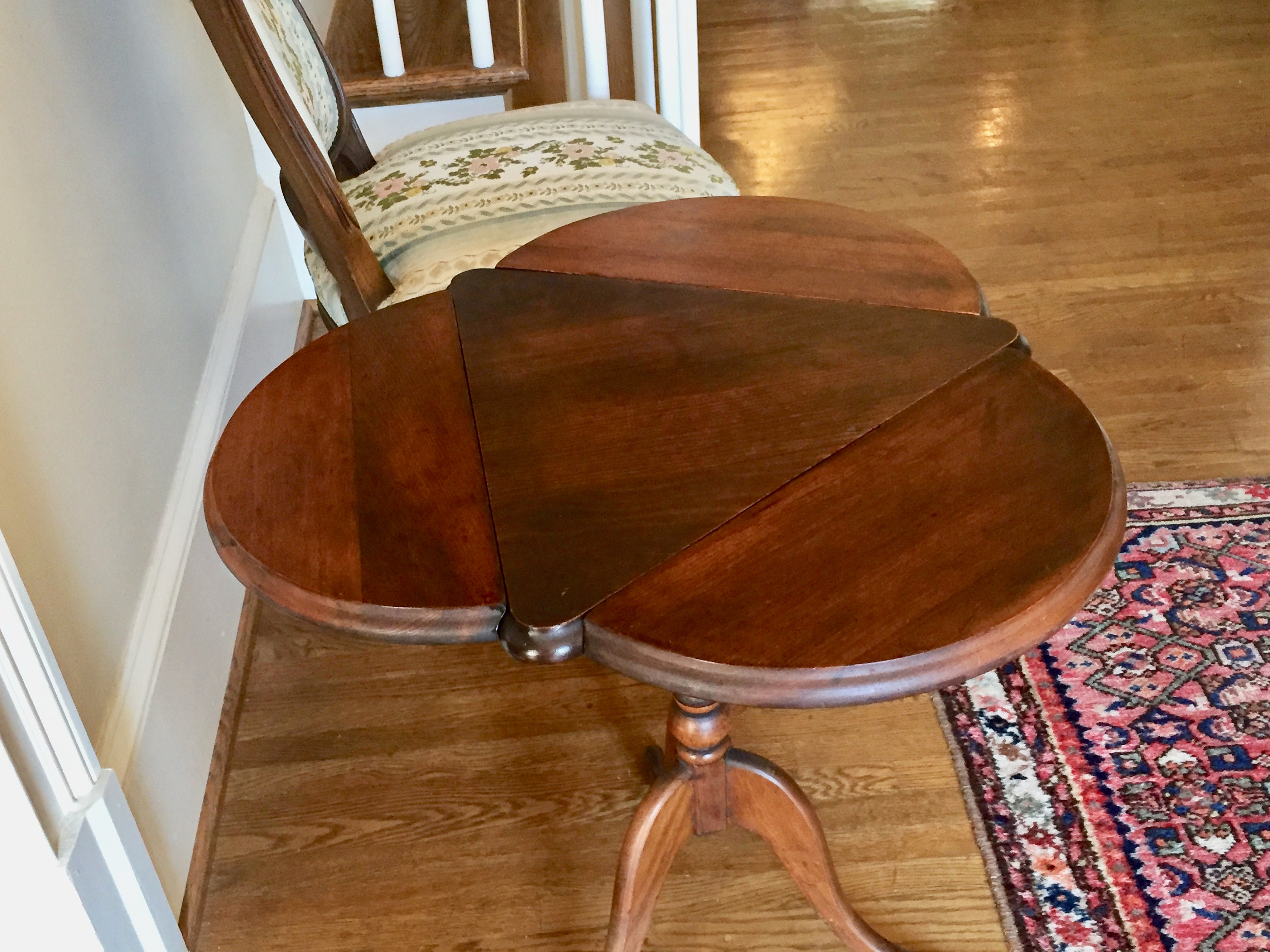 Triangular Drop Leaf End Table, Vintage Walnut Poplar Cricket Style Table, Rounded Drop Leaves