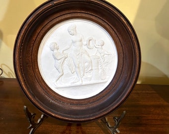 Bing Grondahl Plaque, White Bisque Porcelain Plate, B G Eneret Plate Framed, Bisque Plaque Spring Childhood, Vintage Walnut Frame