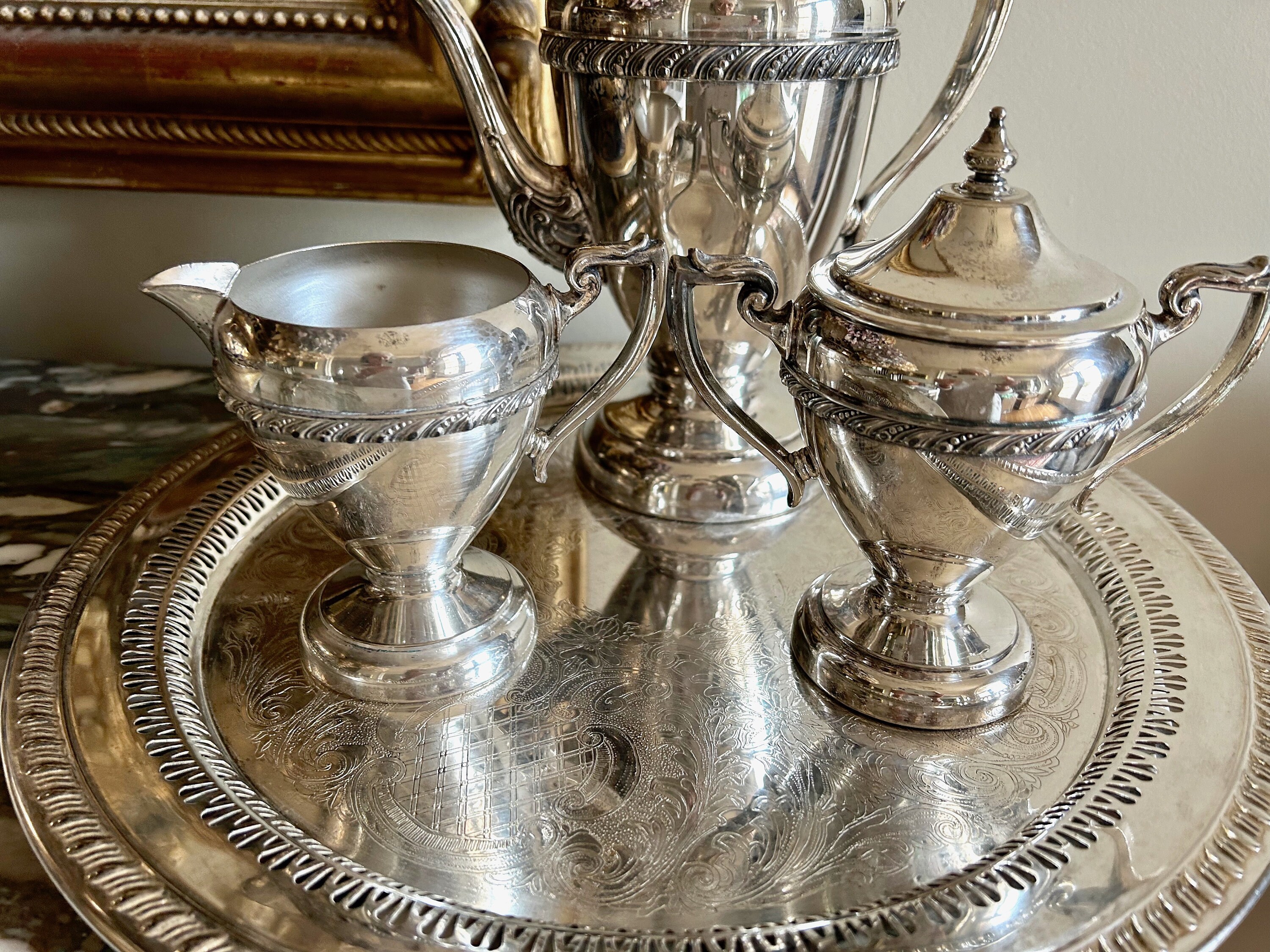 Silver Plate Tea Set, Silver over Copper Three Piece Silver Service Set