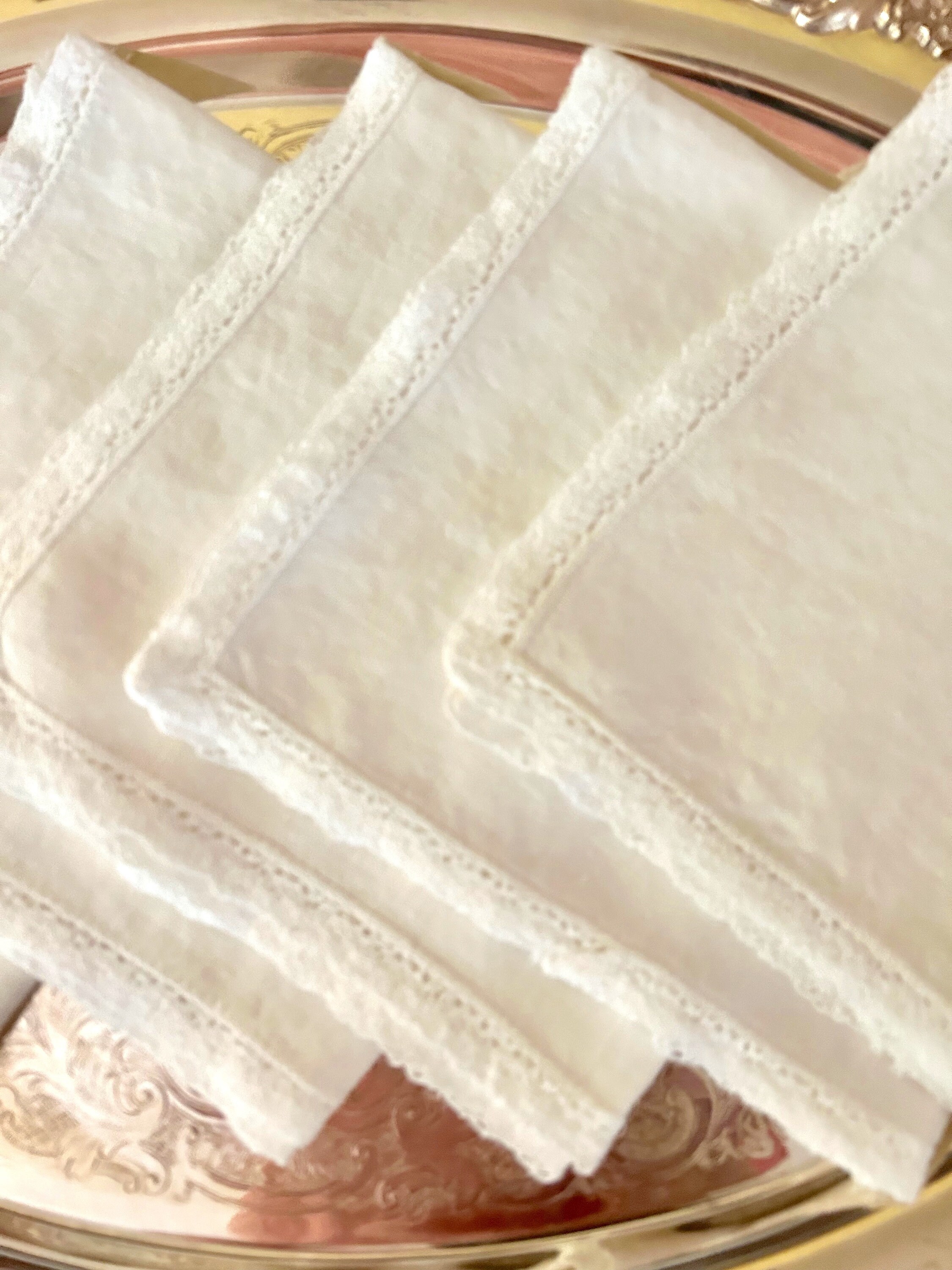 Linen Napkins with Lace Trim, Set of 6 Antique White Ivory Linen