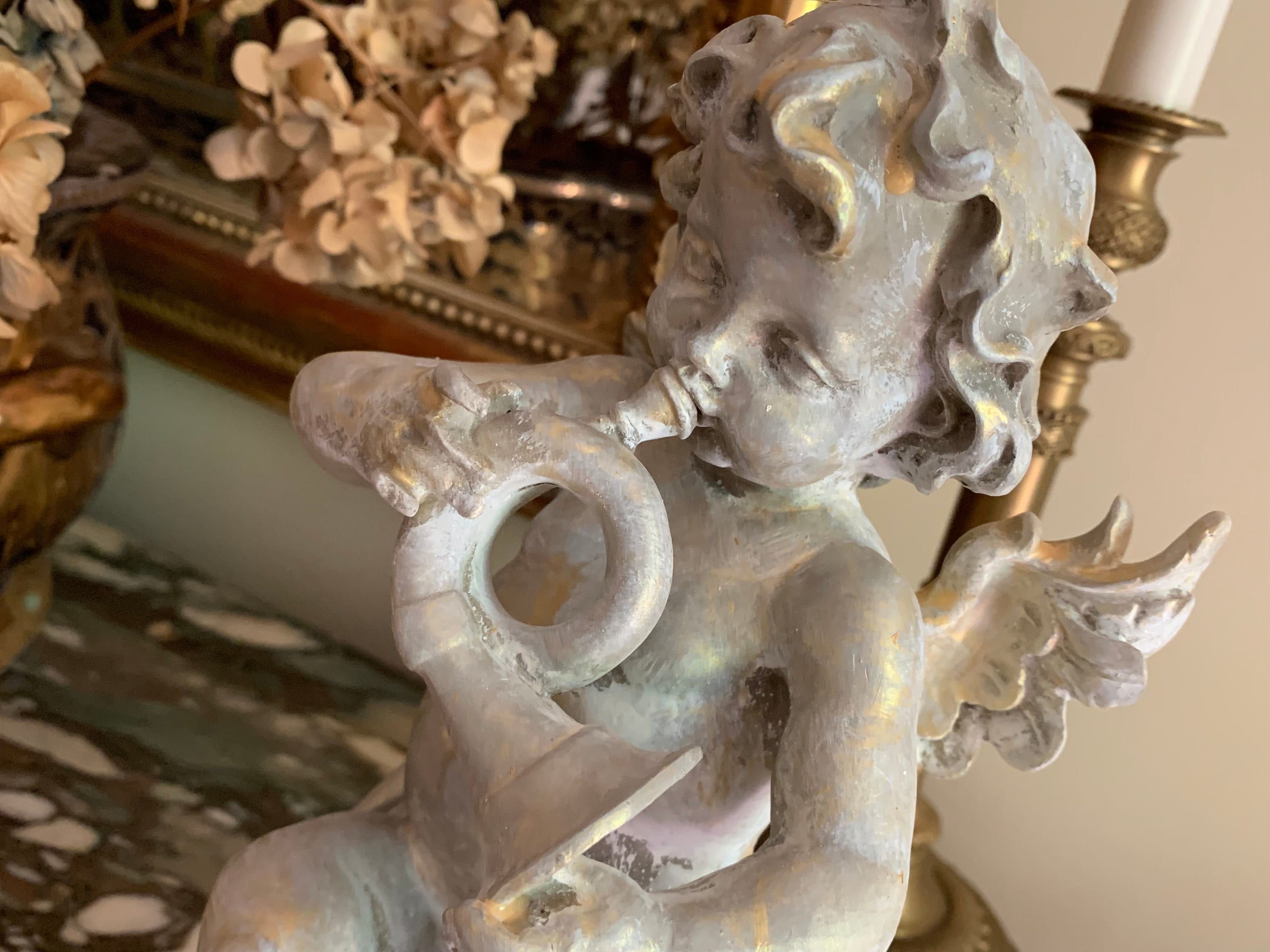 Cherub Statue Hand Painted Gray with Gold Highlights, Cherub Paper