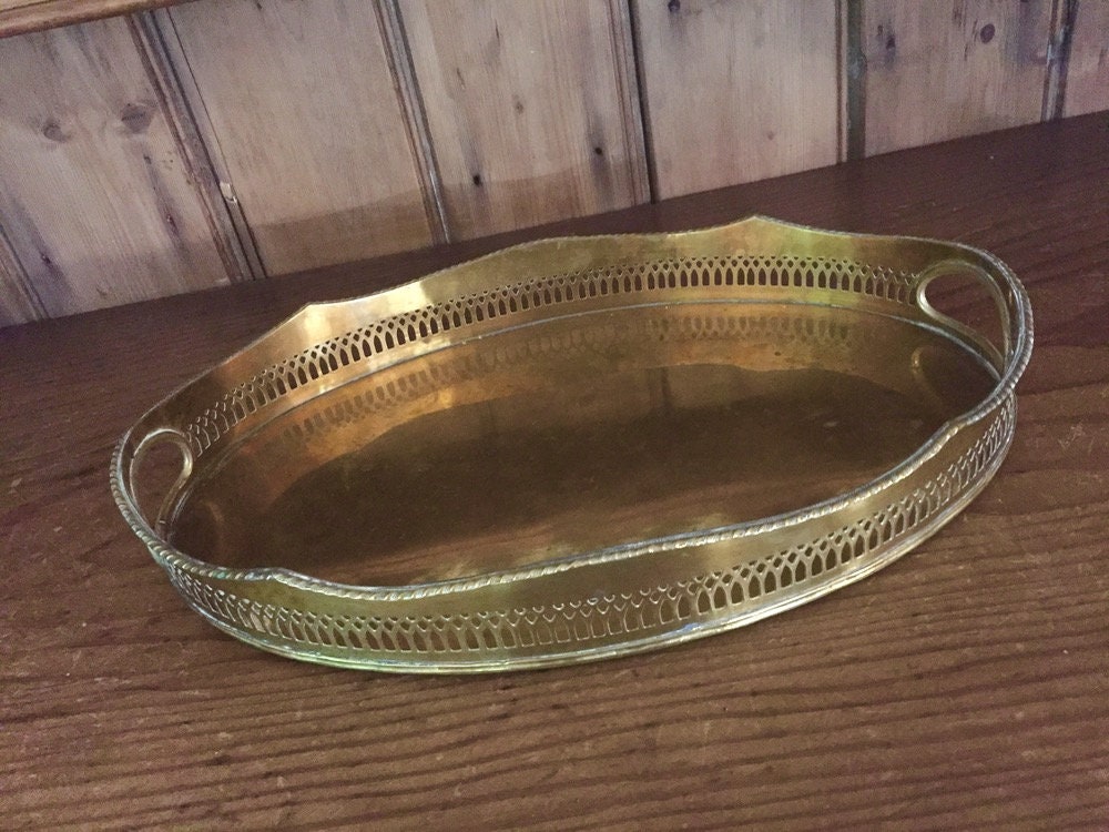 Brass Gallery Tray, Oval 15 Inch Serving Tray, Vintage Brass Barware