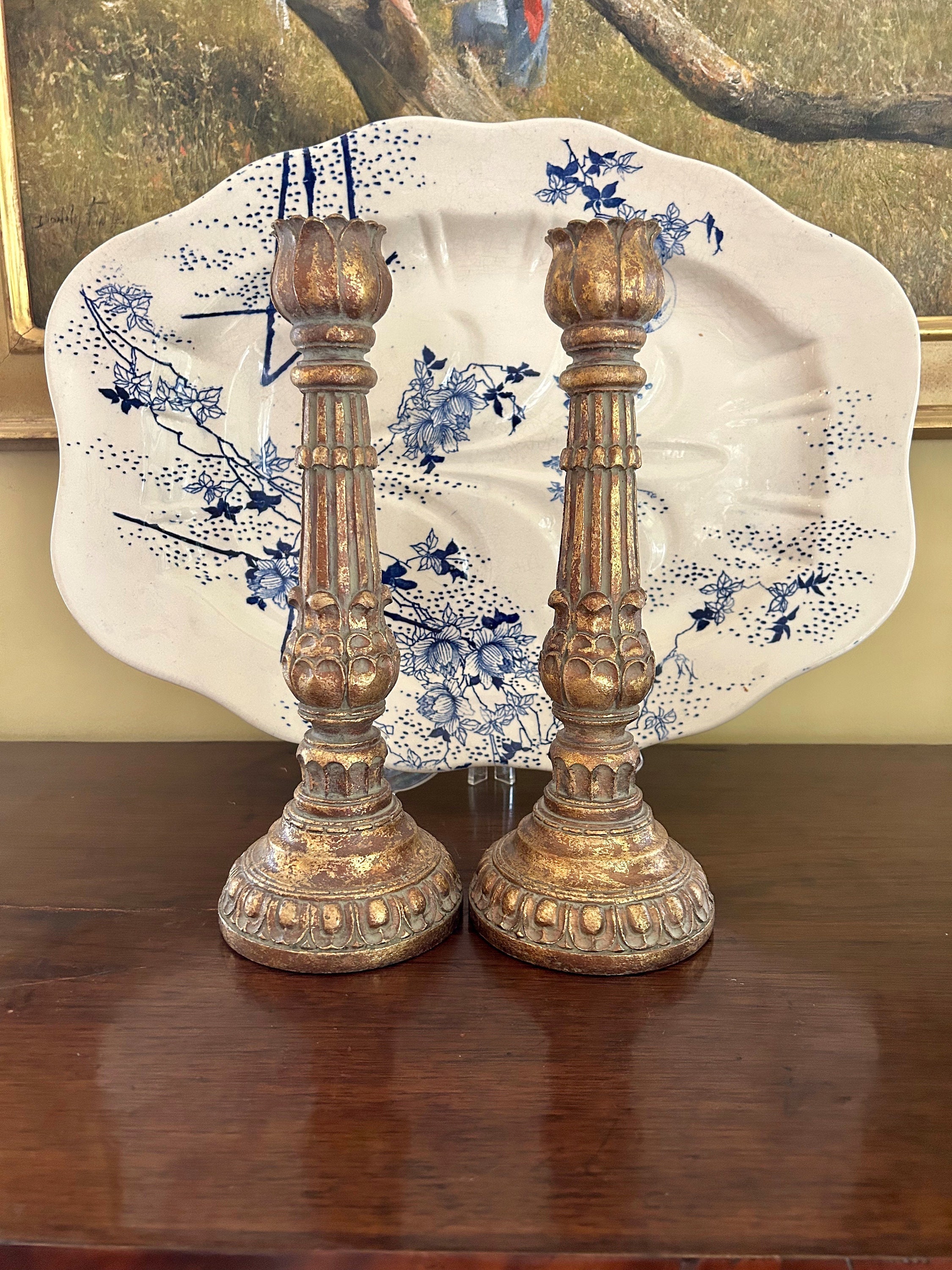 Tall Gold Candlesticks, Vintage Neo Classical Style Gold Leafed
