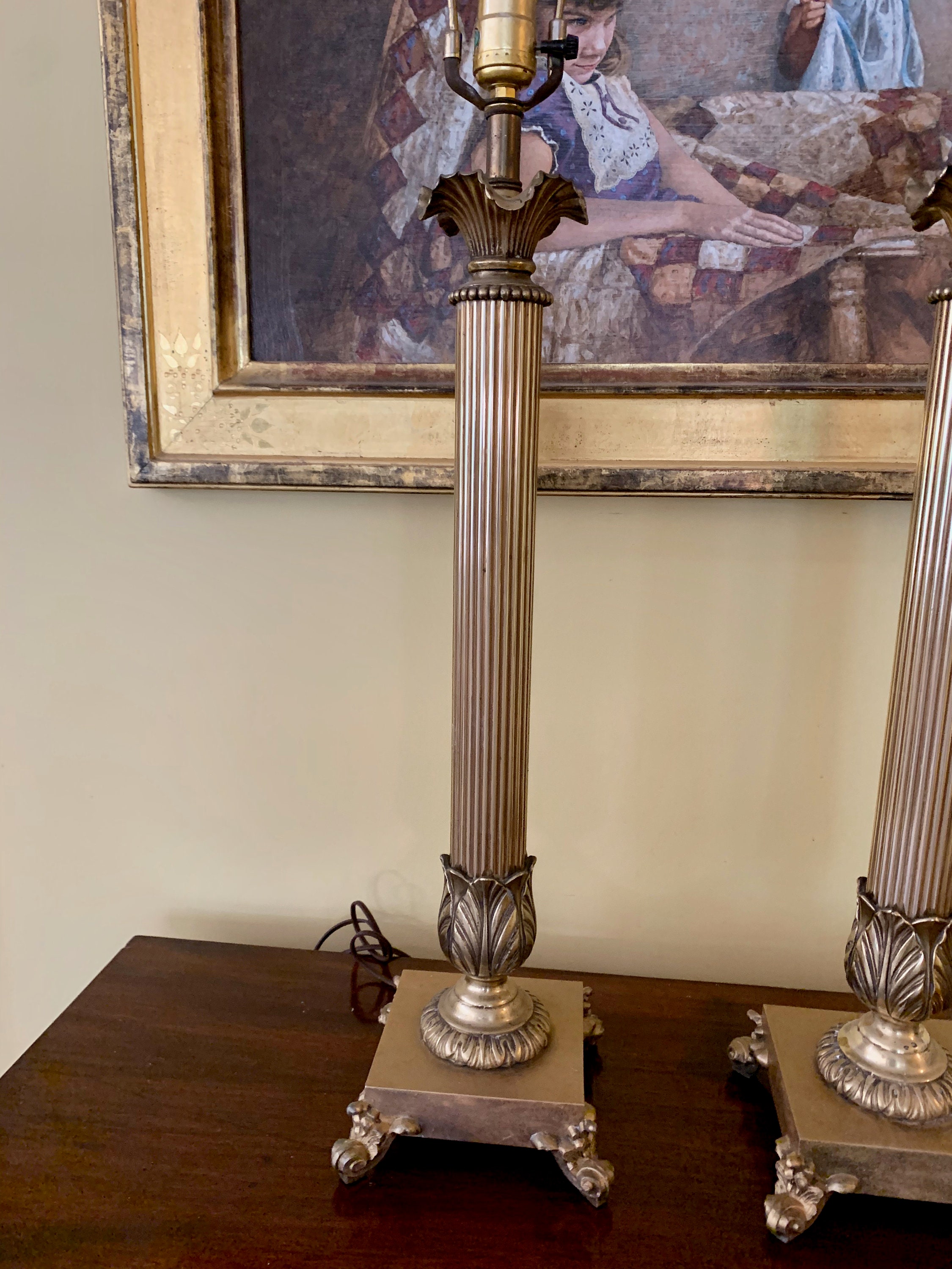 Tall Brass Corinthian Column Lamps, Vintage Brass Buffet Lamps, Footed