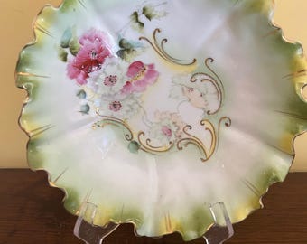 Vintage Porcelain Bowl Hand Painted Gold Scalloped Rim, Mid Century Bowl