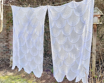 Scalloped Crochet Panels, Set of 2 White Crochet Twin Bed Covers, 47 x 80 Inches, Crochet Window Panels, Cottage Farmhouse Decor