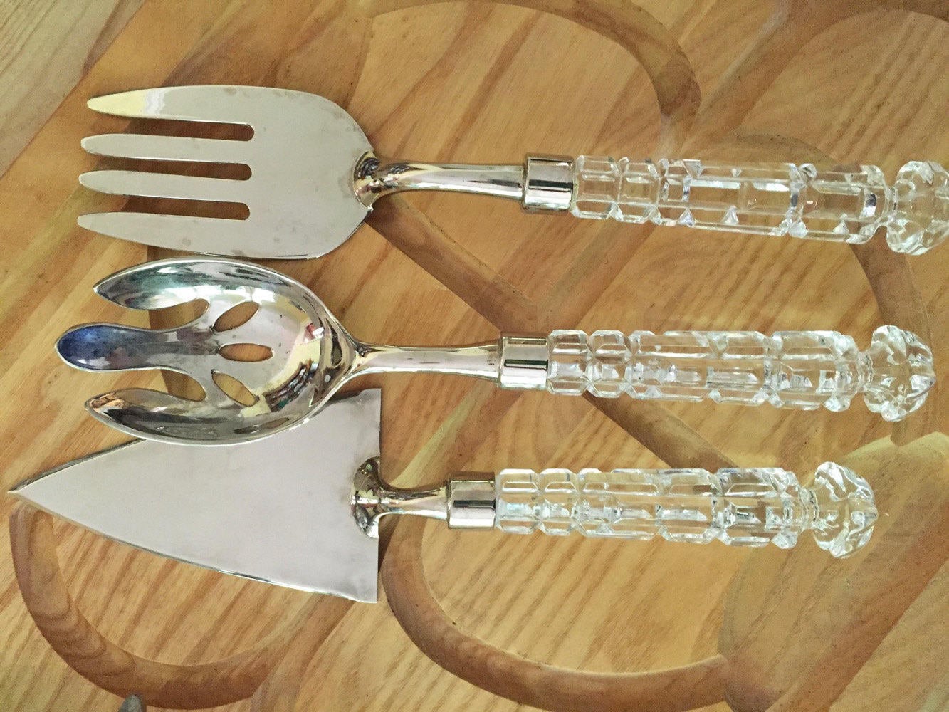 Vintage Glass Handled 3 Piece Serving Hostess Set, Block Glass Silver