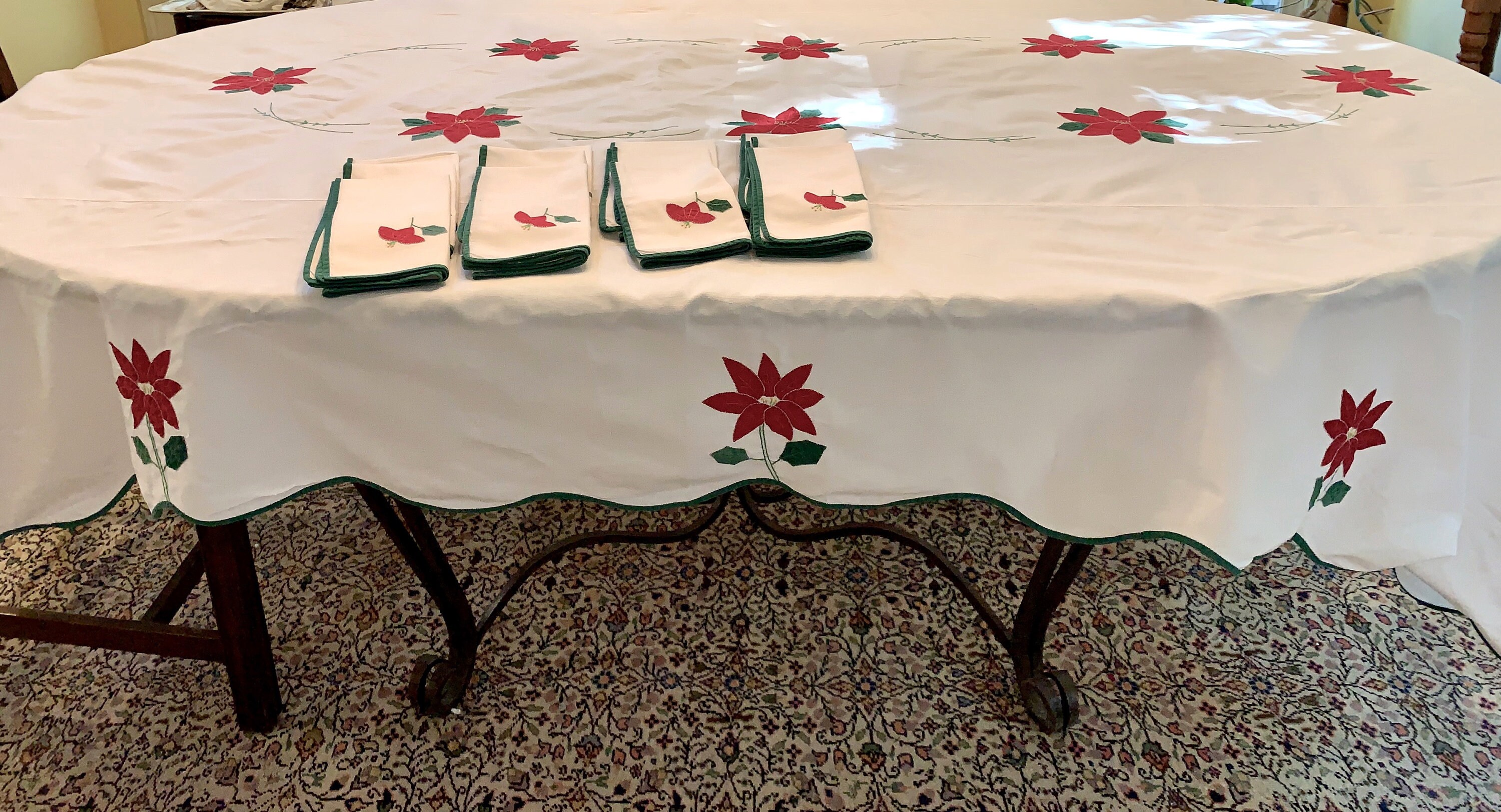 Christmas Tablecloth and Napkins, Poinsettia Applique Holiday