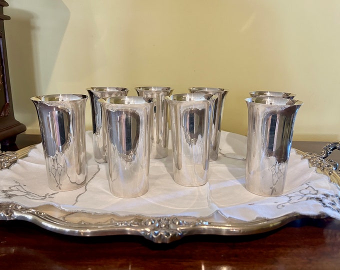 Featured listing image: Silver Plate Tumblers, Set of 8 Vintage Crescent Silver Plate Highball Glasses Tumblers, Silver Plate Barware Gift, Wedding Bridal