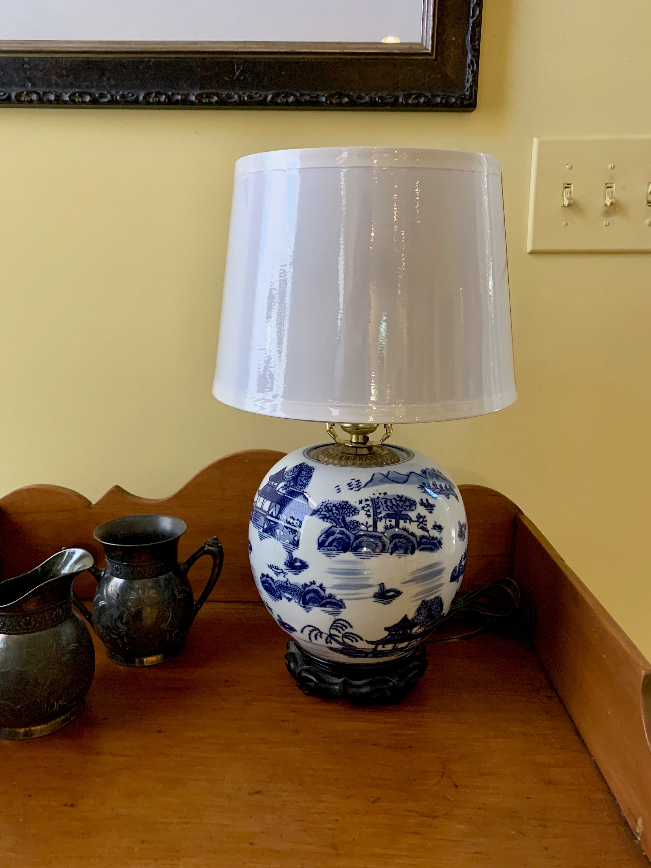 Blue White Chinoiserie Lamp, Asian Ginger Jar Lamp with Wooden Base, Asian Porcelain Lamp Willow