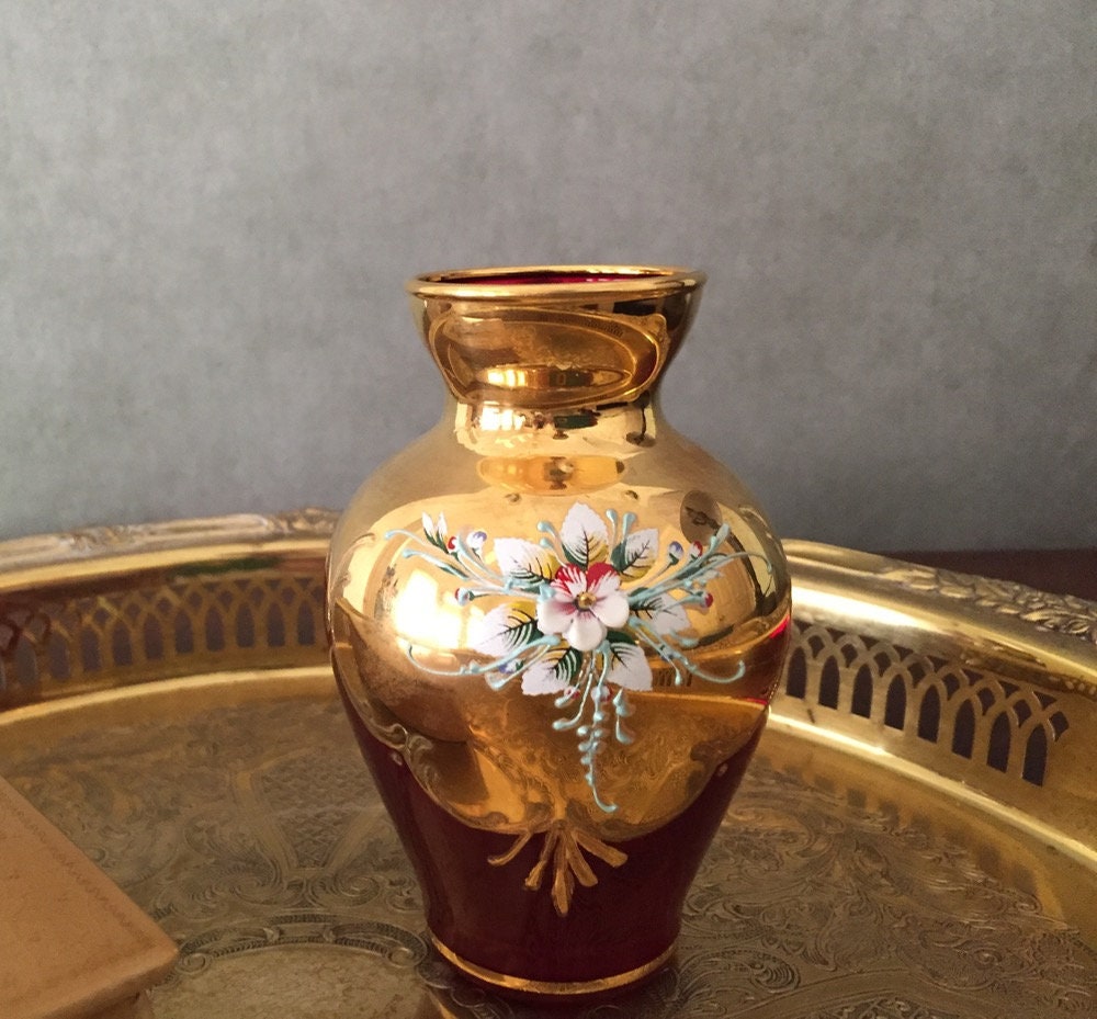 Vintage Murano Cranberry Glass Vase, 24 Kt Gold Overlay Hand Painted