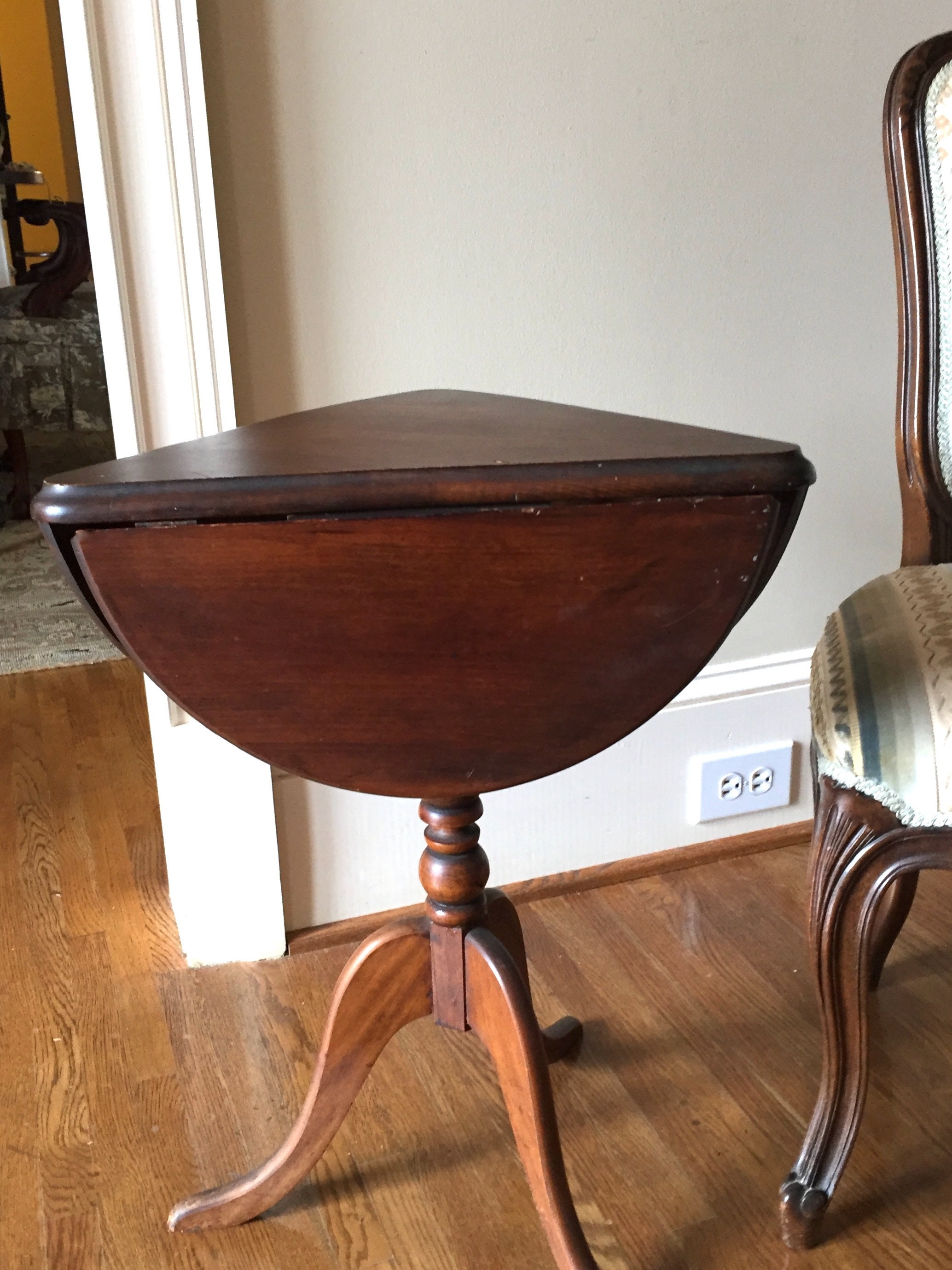 Triangular Drop Leaf End Table, Vintage Walnut Poplar Cricket Style