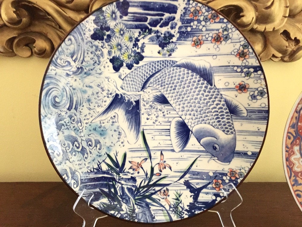 Large Chinoiserie Plate, Blue White Koi Fish Decorative Plate, Asian