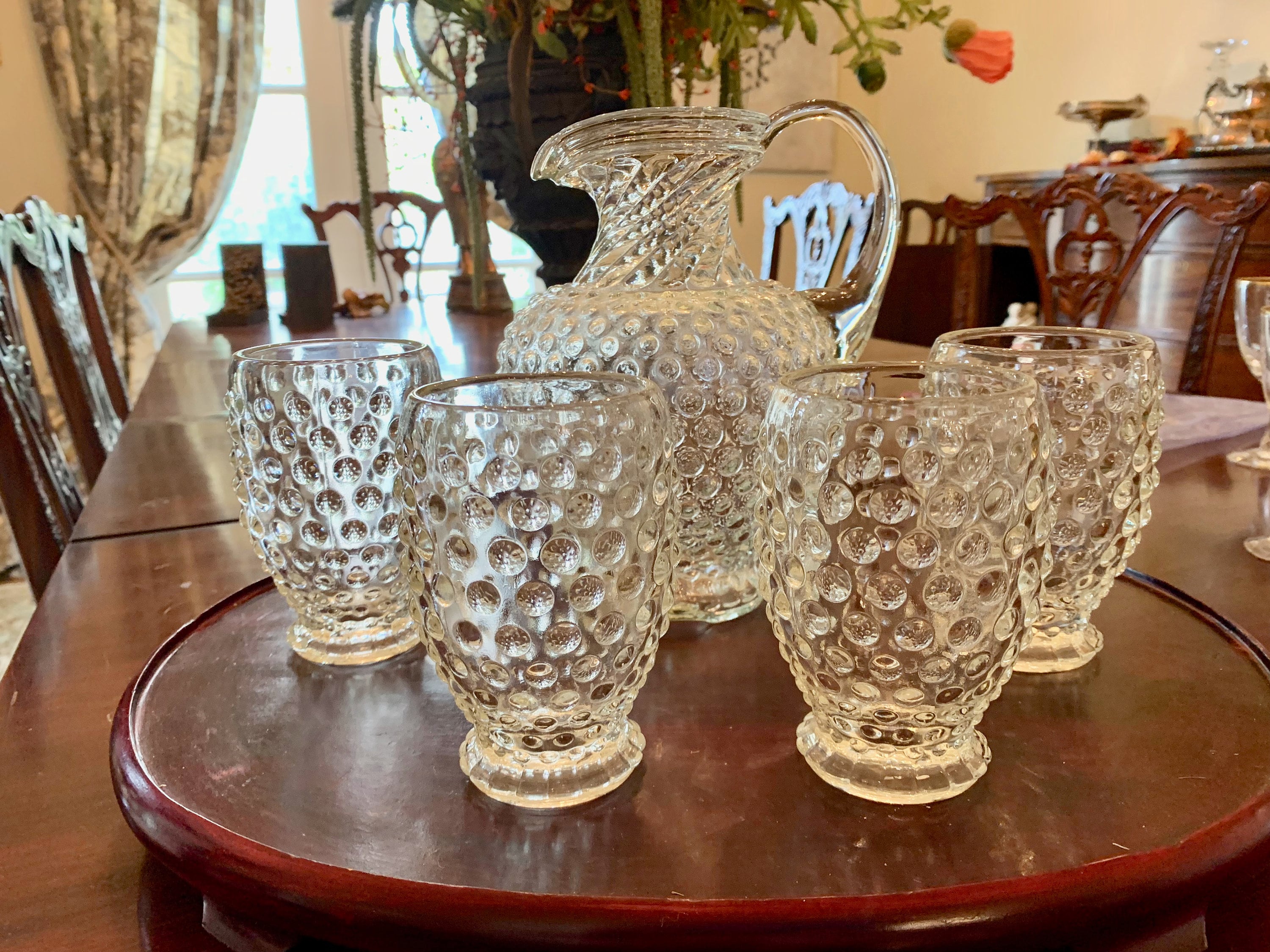 Bubble Glass Pitcher Set, Mid Century Pressed Glass Pitcher with 4