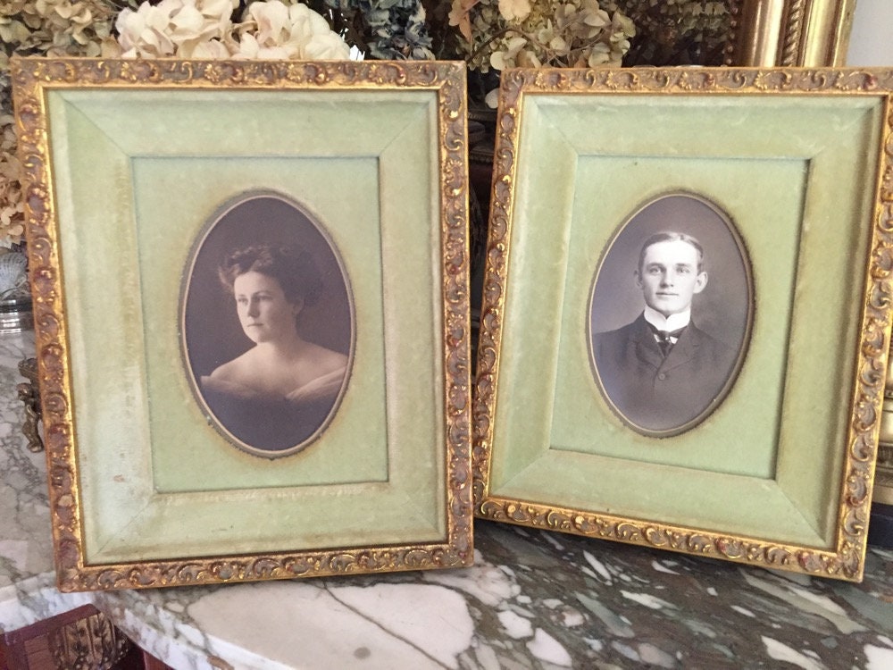 Pair of Vintage Photo Frames, Antique Photographs, Green Velvet Mat