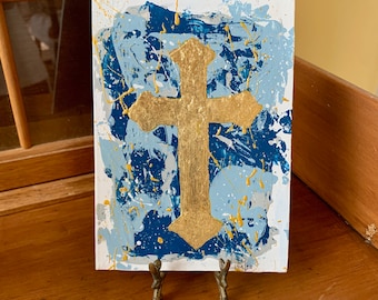 Contemporary Cross Painting, Gold Leaf Cross with Blue White Background, Acrylic on Panel with Gold Leaf, Unframed Original Art, 2 Available