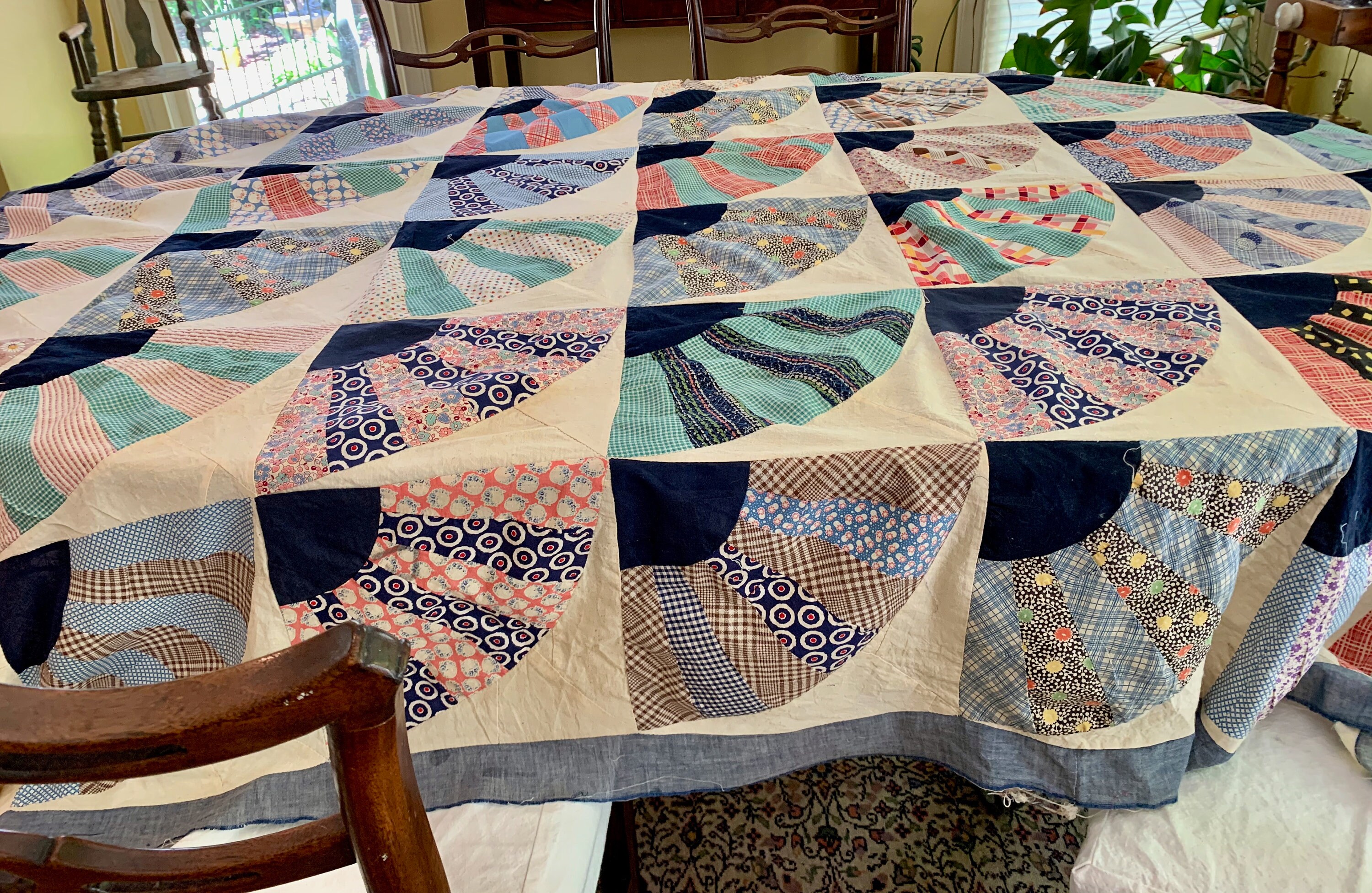 Vintage Fan Quilt Top, Feed Sack Material, Handmade Southern Fan