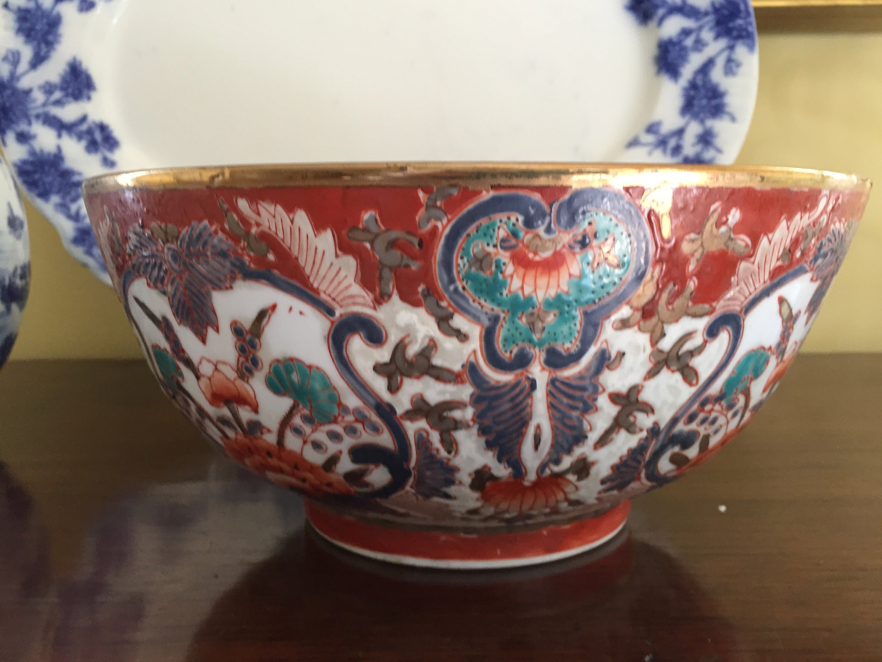Imari Bowl with Gold Rim, Large Asian Porcelain Glazed Bowl Cinnabar