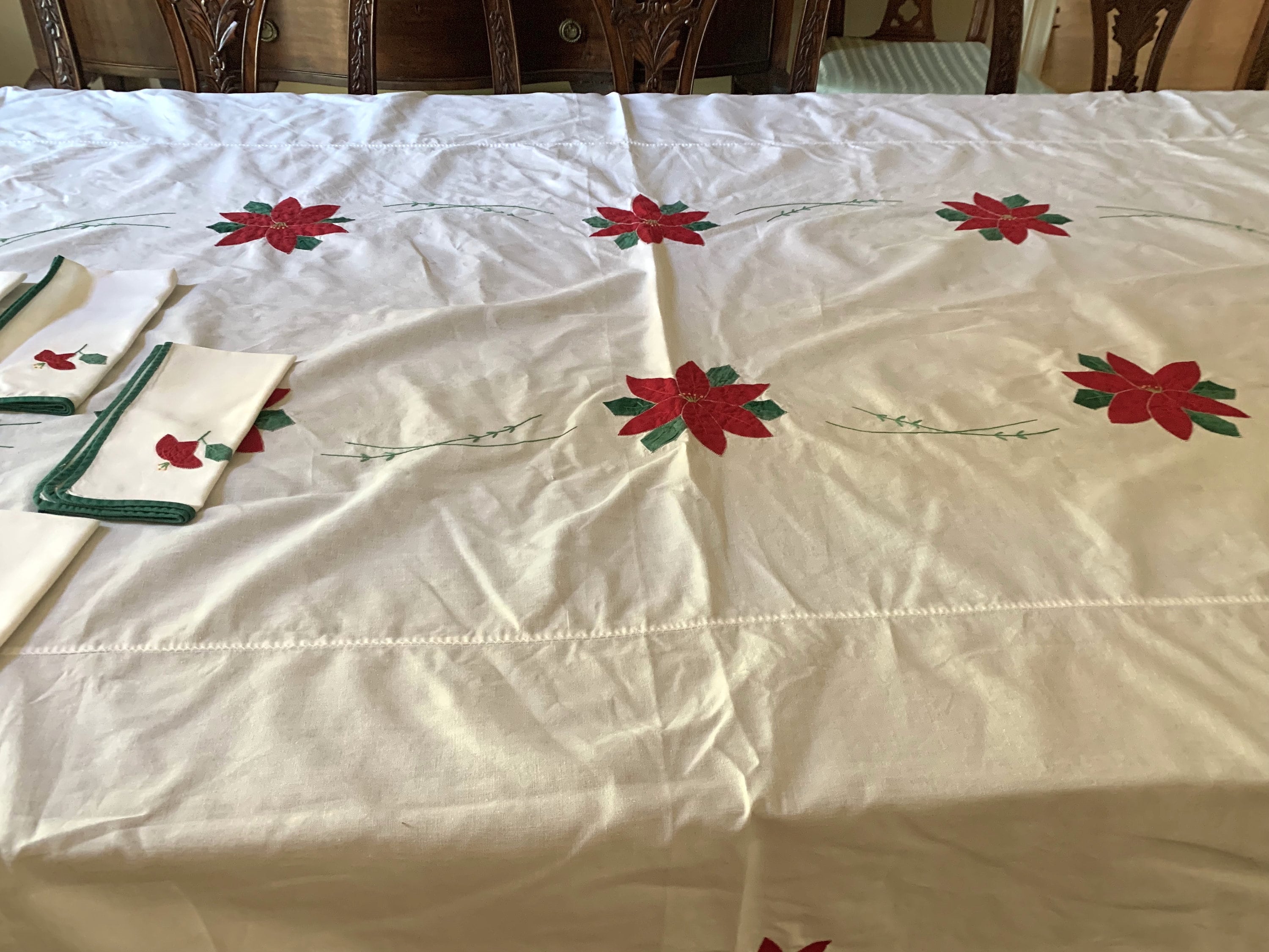 Christmas Tablecloth and Napkins, Poinsettia Applique Holiday