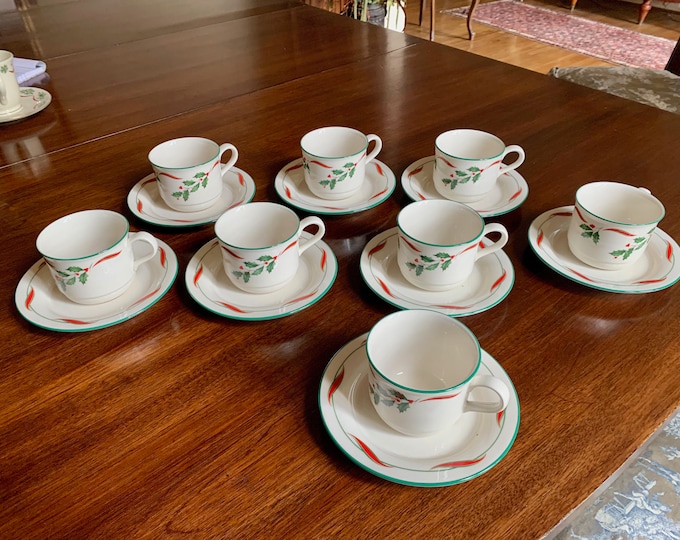 Featured listing image: Lenox Country Holly Cups and Saucers, Christmas Holiday China, Set of 8