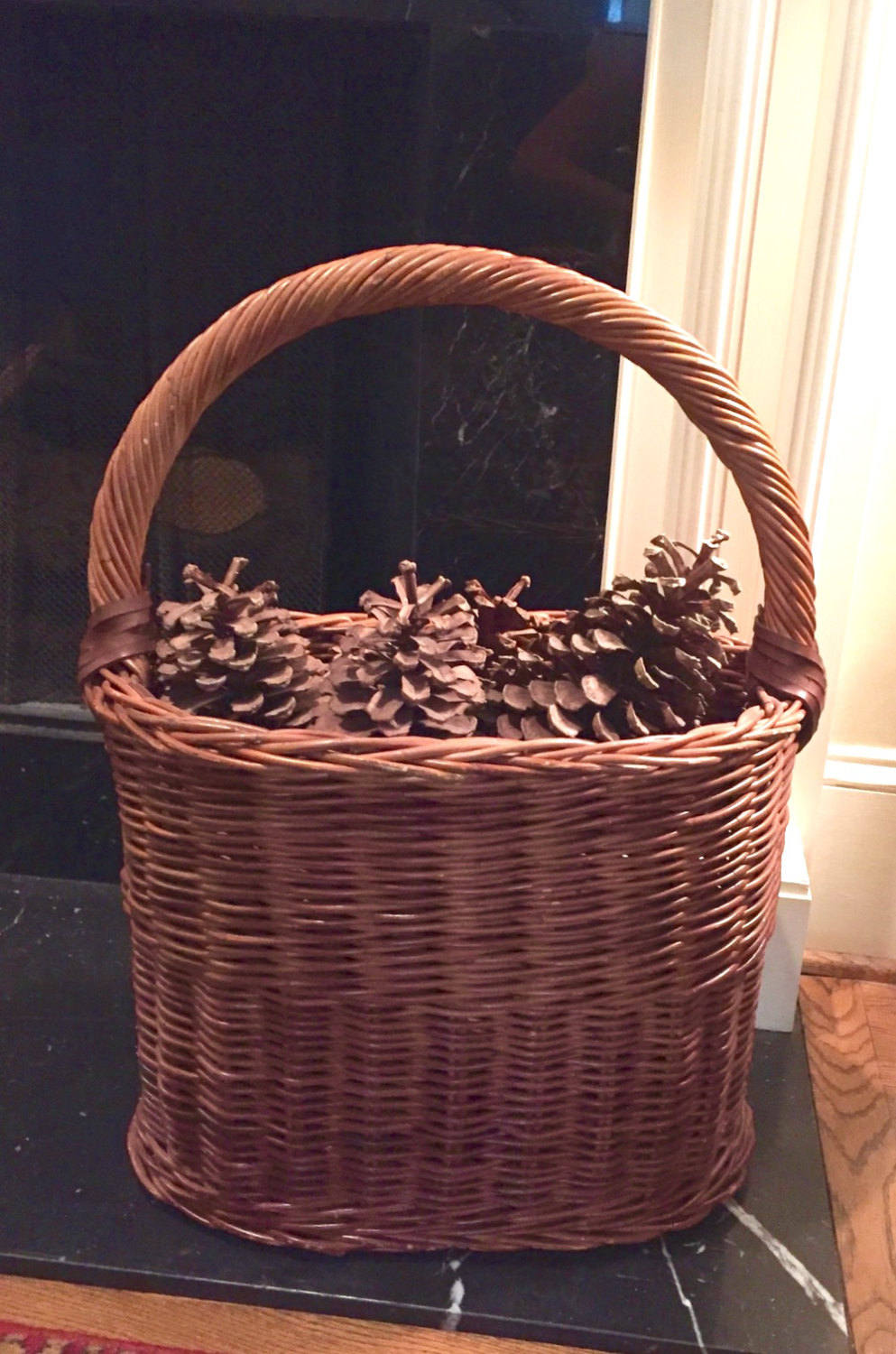 Large Wicker Basket, Leather Straps, Tall Storage Basket, Kindling