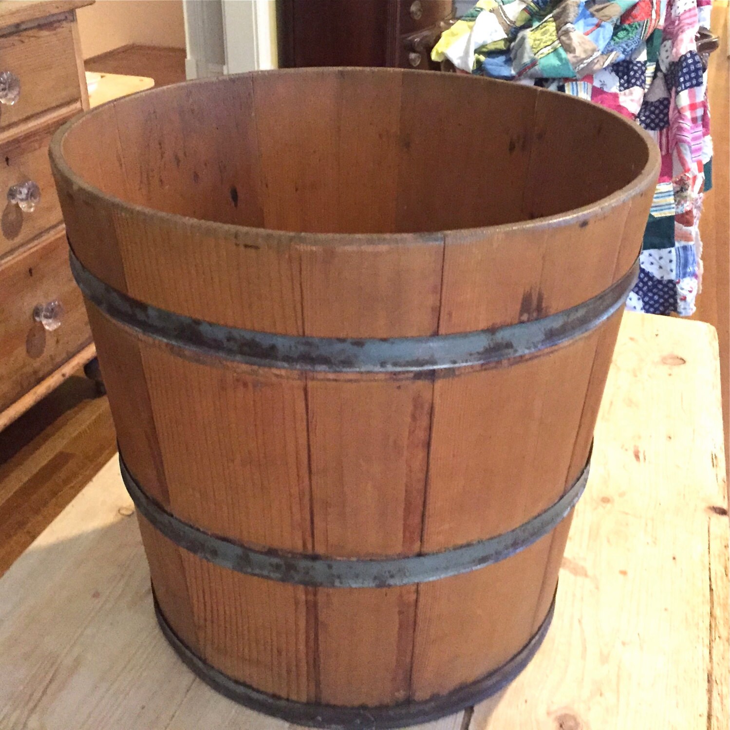 Vintage Pine Barrel Waste Basket, Rustic Wooden Storage Pail, Kindling