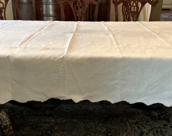 Linen tablecloth, Cream Linen Taupe Trim Tablecloth, Scalloped Hem, 66 x 102 In Antique White Taupe Rolled Hem, Holiday Wedding Bridal