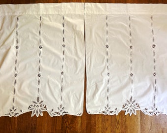 Battenburg Cafe Curtain, Pair White Cafe Panels, Set of 2 Cafe Curtain Panels, 28 x 35 Inch Each Panel, Sold as Pair, Cottage Farmhouse