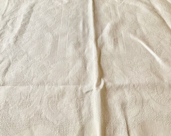 Linen Cream Tablecloth, Vintage Antique White Damask Basketweave Tablecloth, Woven Linen Tablecloth, 60 x 79 Inch, French Country Farmhouse