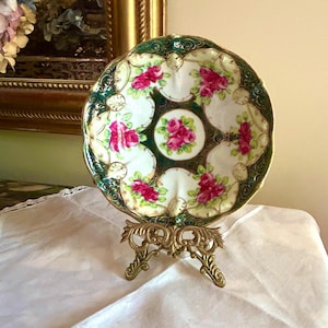 Bol ancien en porcelaine, bol en or blanc vert peint à la main peut-être nippon, petit bol décoratif, motif floral rose, idée cadeau en porcelaine