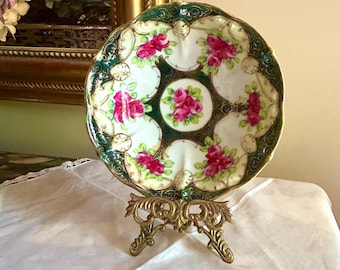 Antique Porcelain Bowl, Hand Painted Green White Gold Bowl Possibly Nippon, Small Decorative Bowl, Floral Rose Pattern, Porcelain Gift Idea