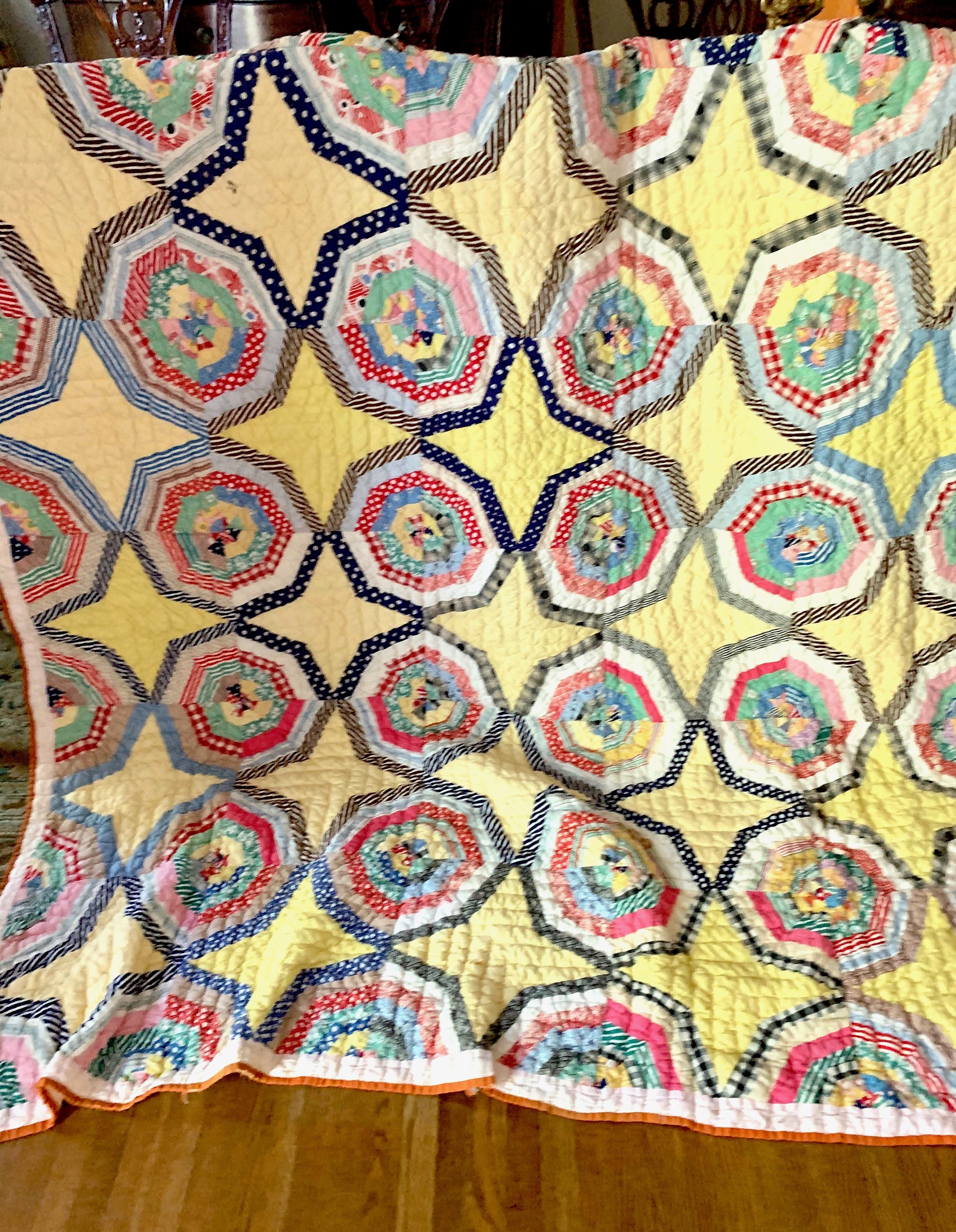 Vintage Handmade Quilt, Yellow Spider  Quilt, Octagon Shaped Square