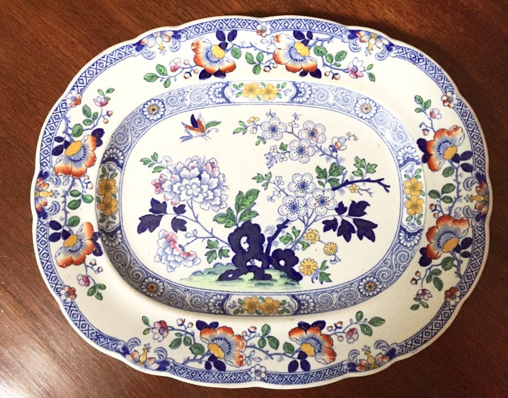 Antique Blue White Ironstone Platter, English Ashworth Ironstone