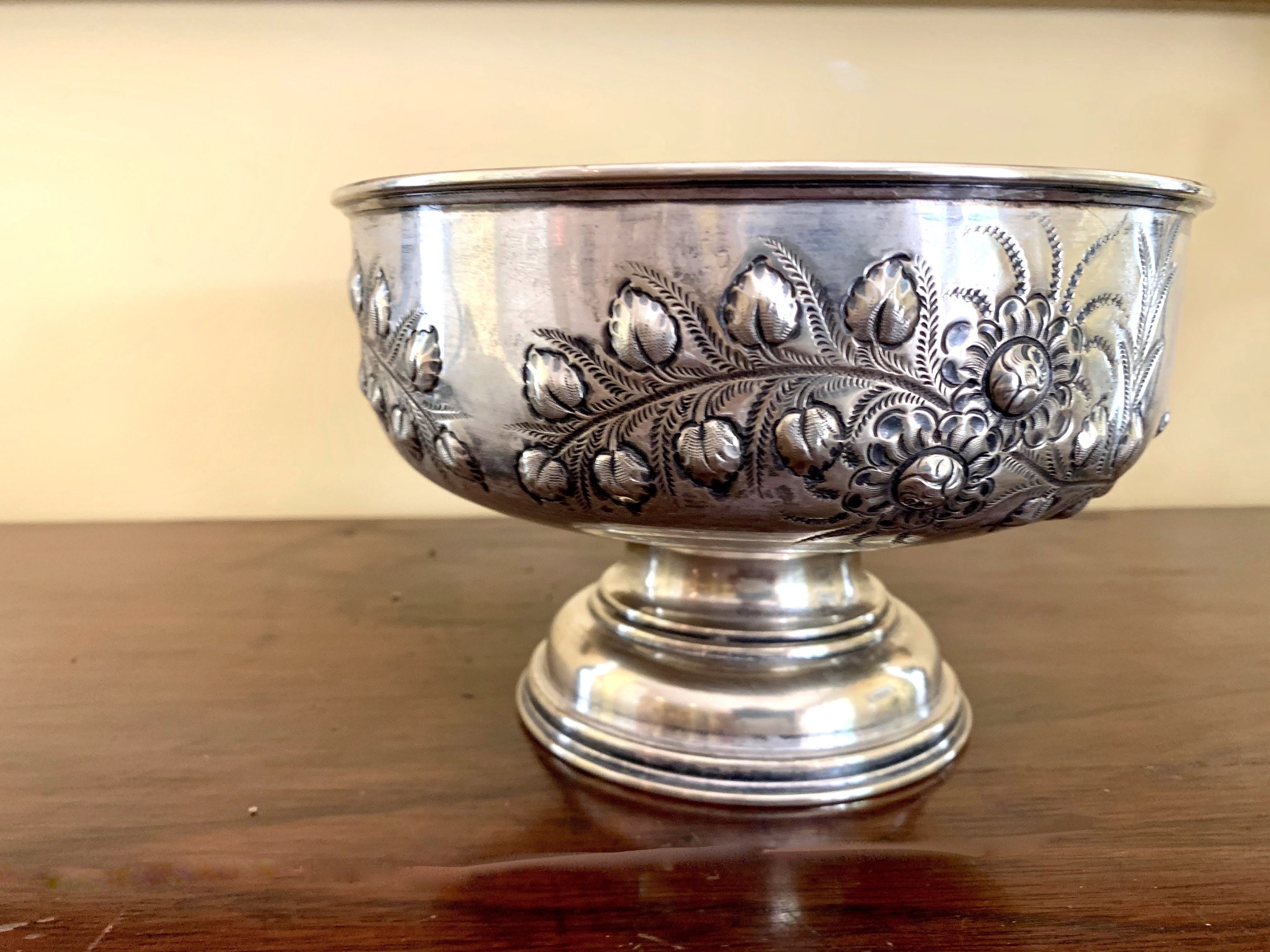 Footed Nickel Silver Bowl with Floral Relief Pattern, Vintage Footed