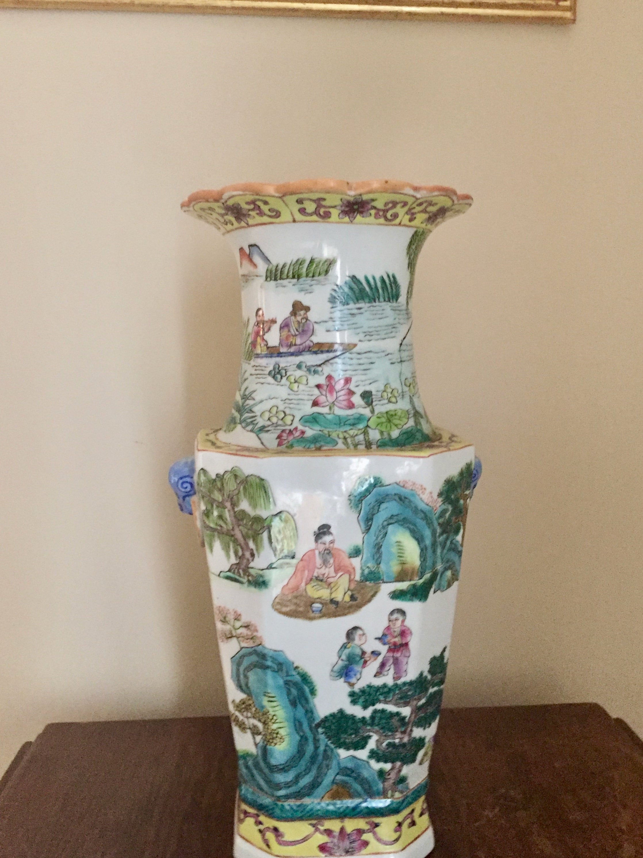 Large Asian Vase Chinese Vase 16 Inches Tall, Blue Green Yellow Colors