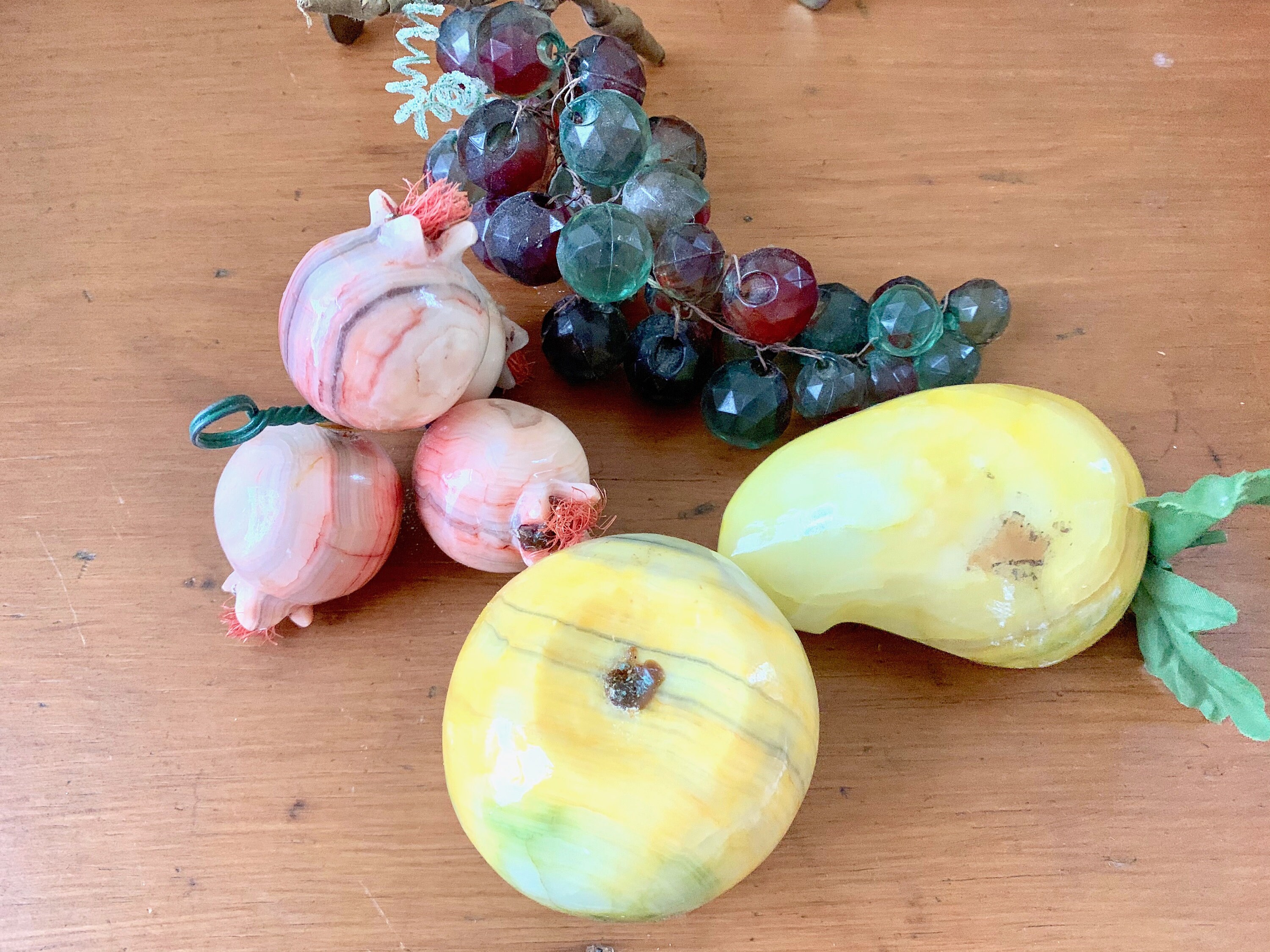 Stone Fruit Collection, Vintage Alabaster Fruit Set of 3, Stone Pear