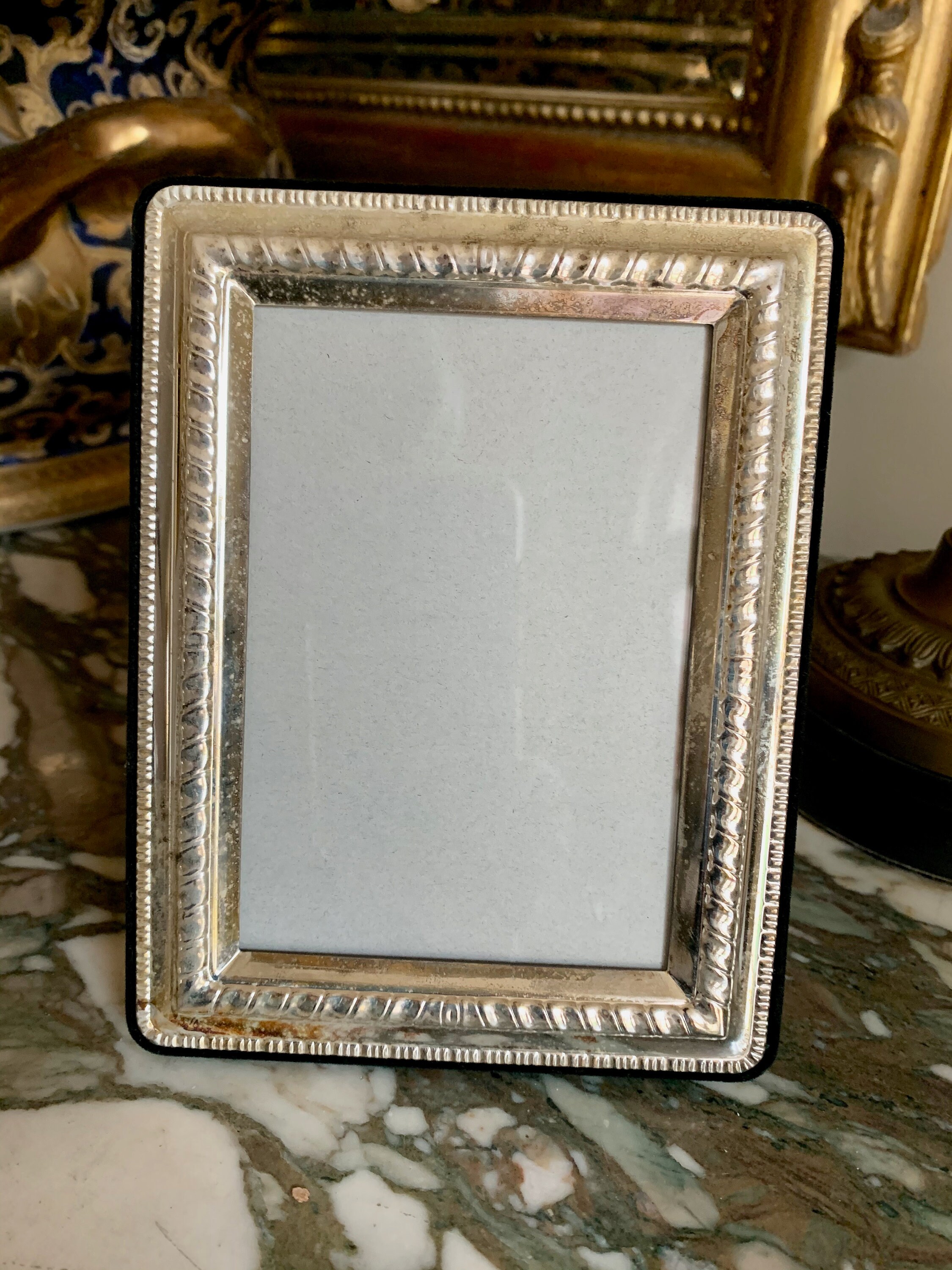 Silver Photo Frame, Vintage 3 x 5 Picture Frame, Black Velveteen