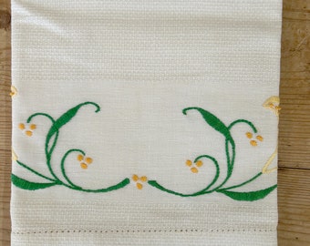 Embroidered Tea Towel, Vintage Hemstitched Tea Towel with Floral Design, Green Yellow Embroidery, Kitchen Hand Towel