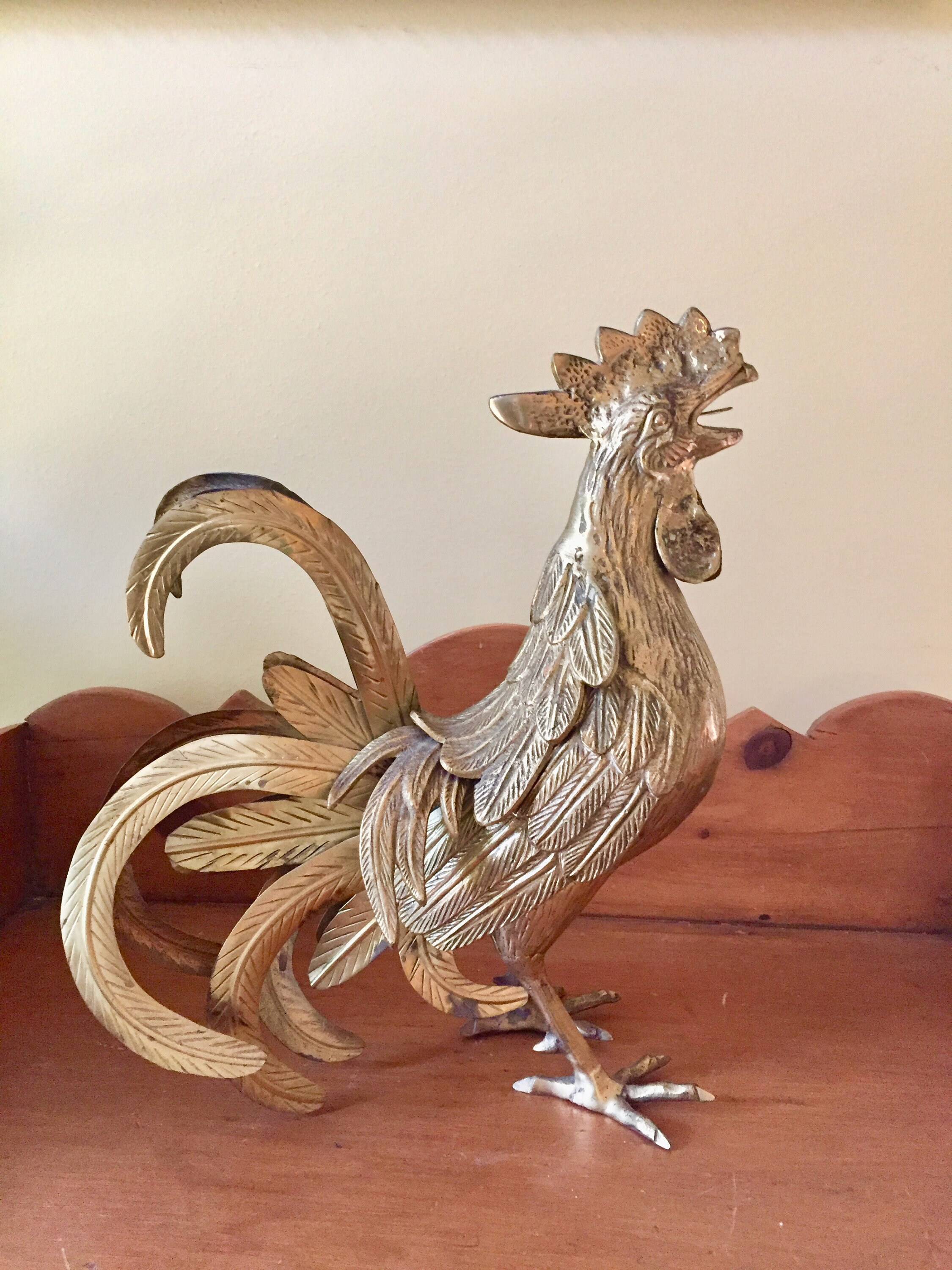 Large Brass Rooster, Vintage Rooster Figurine, 13 Inch Kitchen Decor