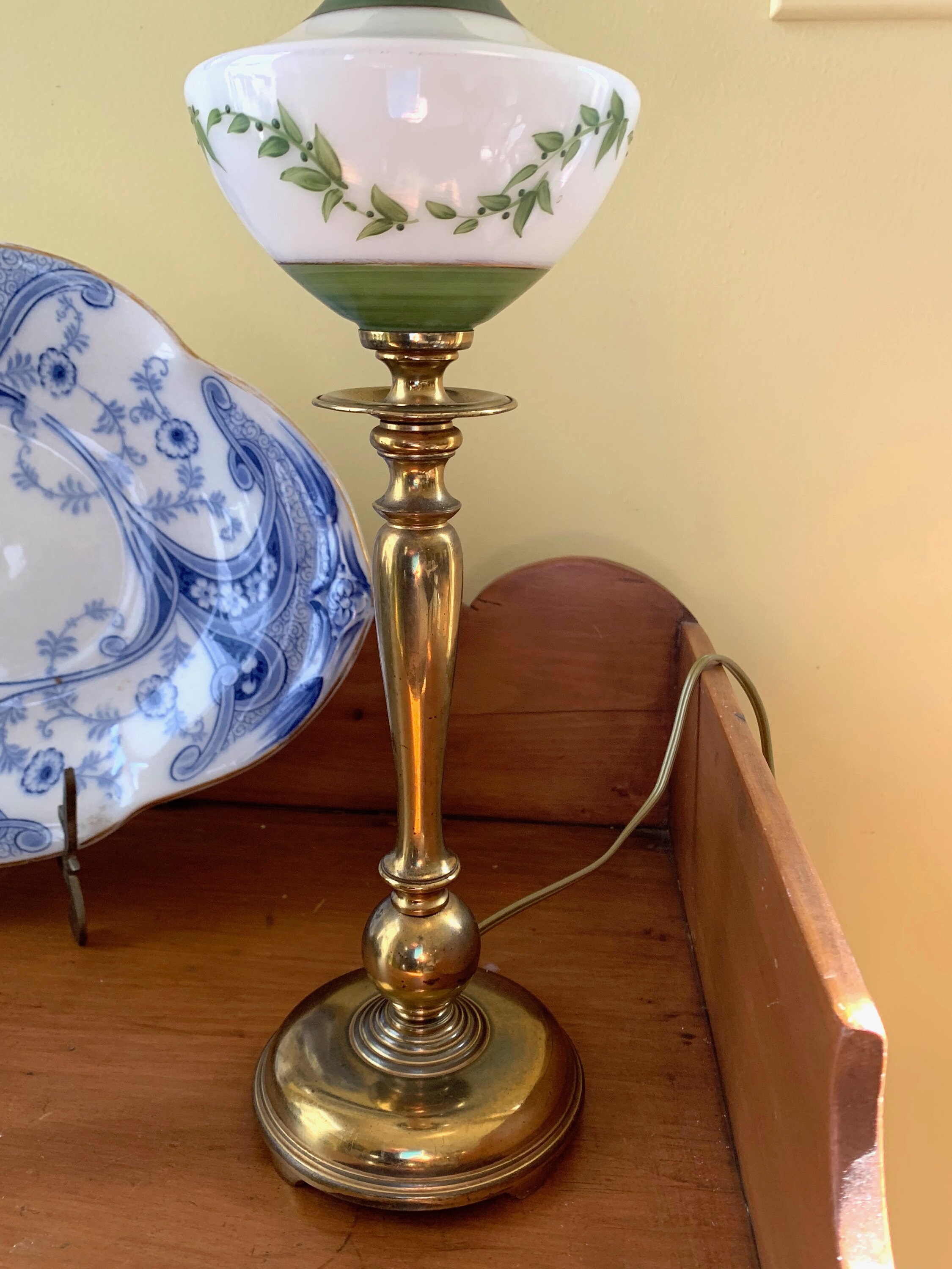 Brass Hand Painted Glass Lamp, Mid Century Early American Style Table