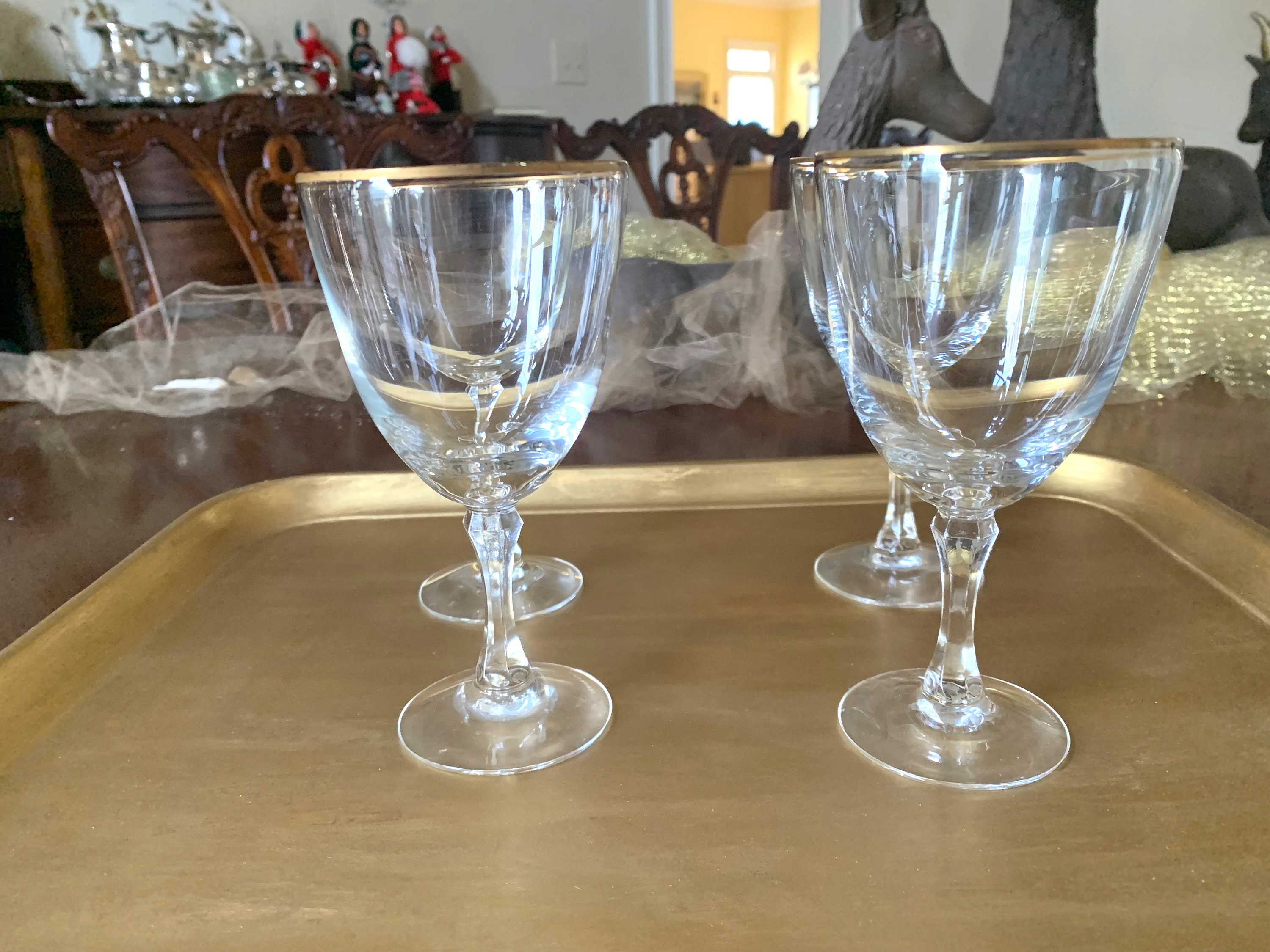 Gold Rimmed Wine Goblets with Gold Toned Tray, Set of 4 Lenox Gold