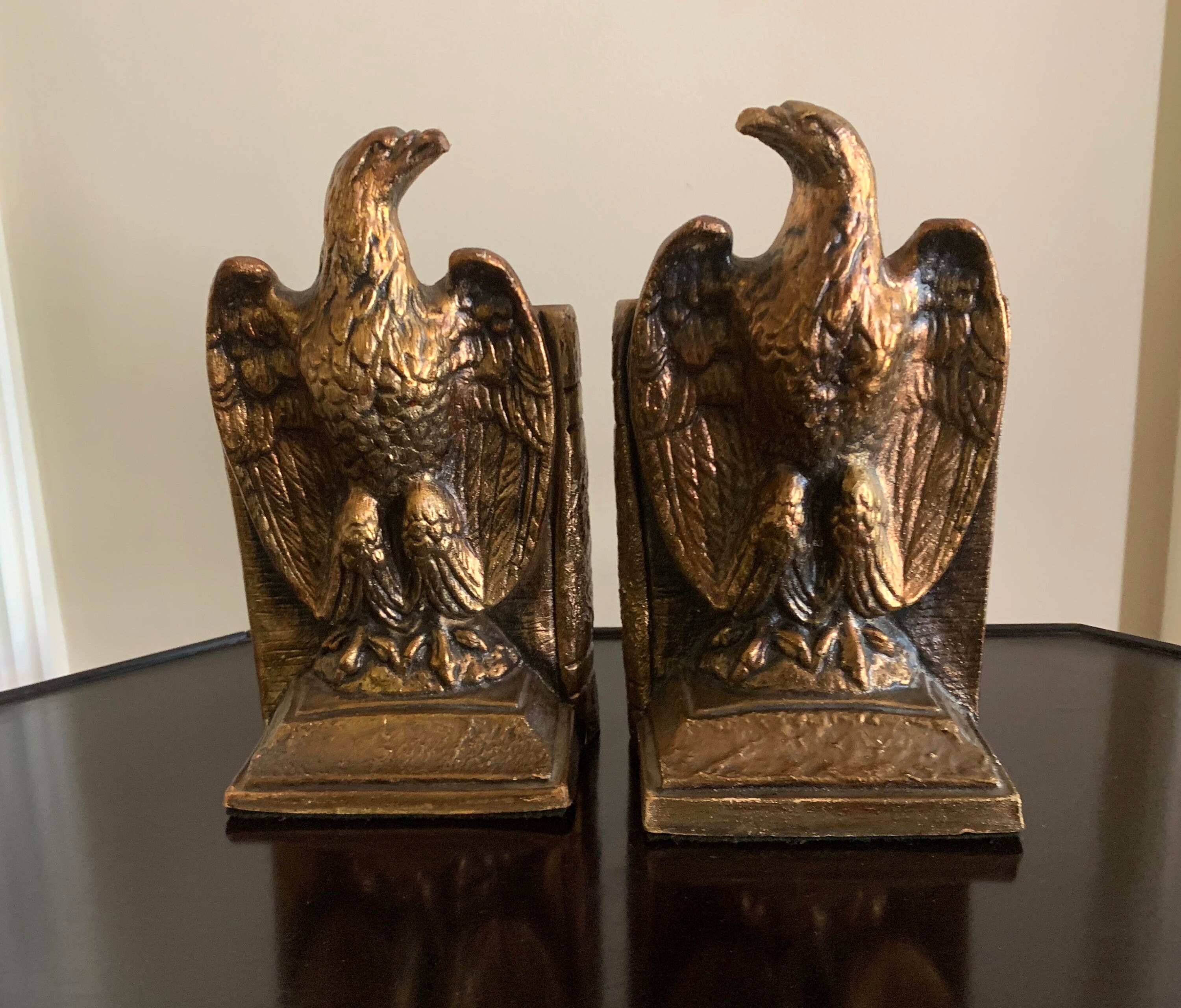Vintage Eagle Bookends, Mid Century Plaster Gold Toned Eagle Statue
