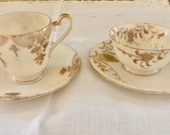Occupied Japan Demitasse Cups and Saucers, Set of 2 UCAGCO Ivory Porcelain with Gold Trim Cups and Saucers, Collectible Glassware,