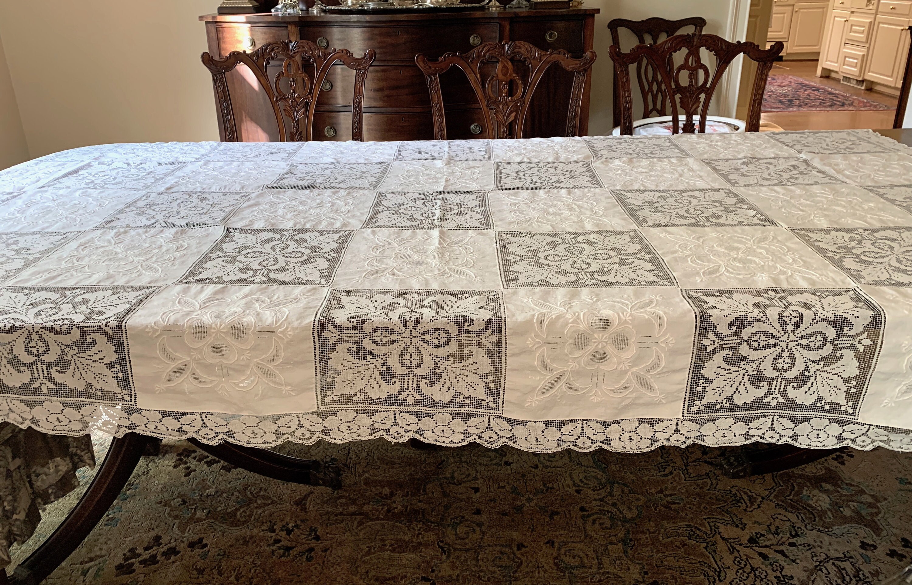 Army Navy Tablecloth, White Linen Lace Paneled Embroidered Tablecloth