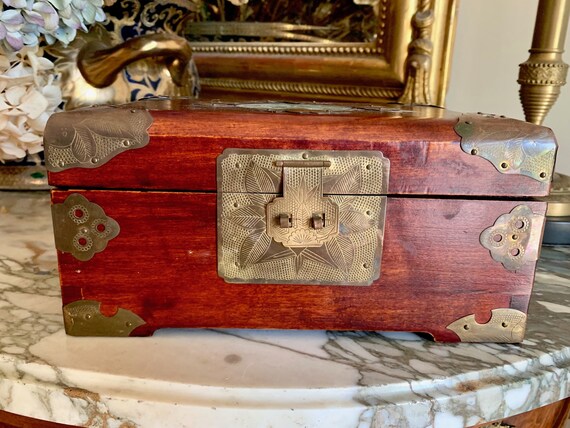 South East Asia China 70s 80s brass ornaments and glass cabochons box Jewelry box Rosewood